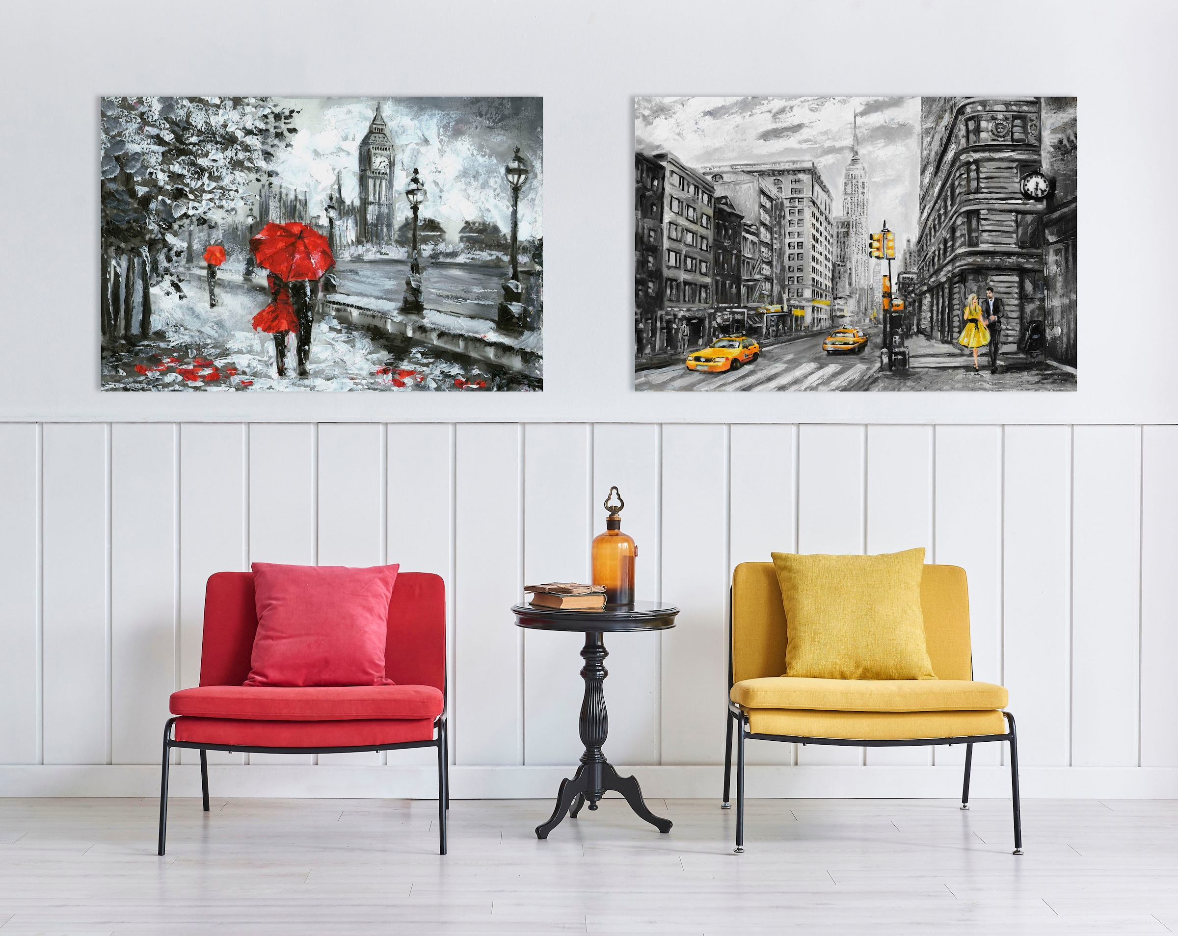 queence Leinwandbild »London«, London-Schwarz-Weiß-Kunst-Modern-Brücken-Rain-Städte-Großbritannien, Wandeko, Big Ben, gezeichnet, Premium Leinwandstoff