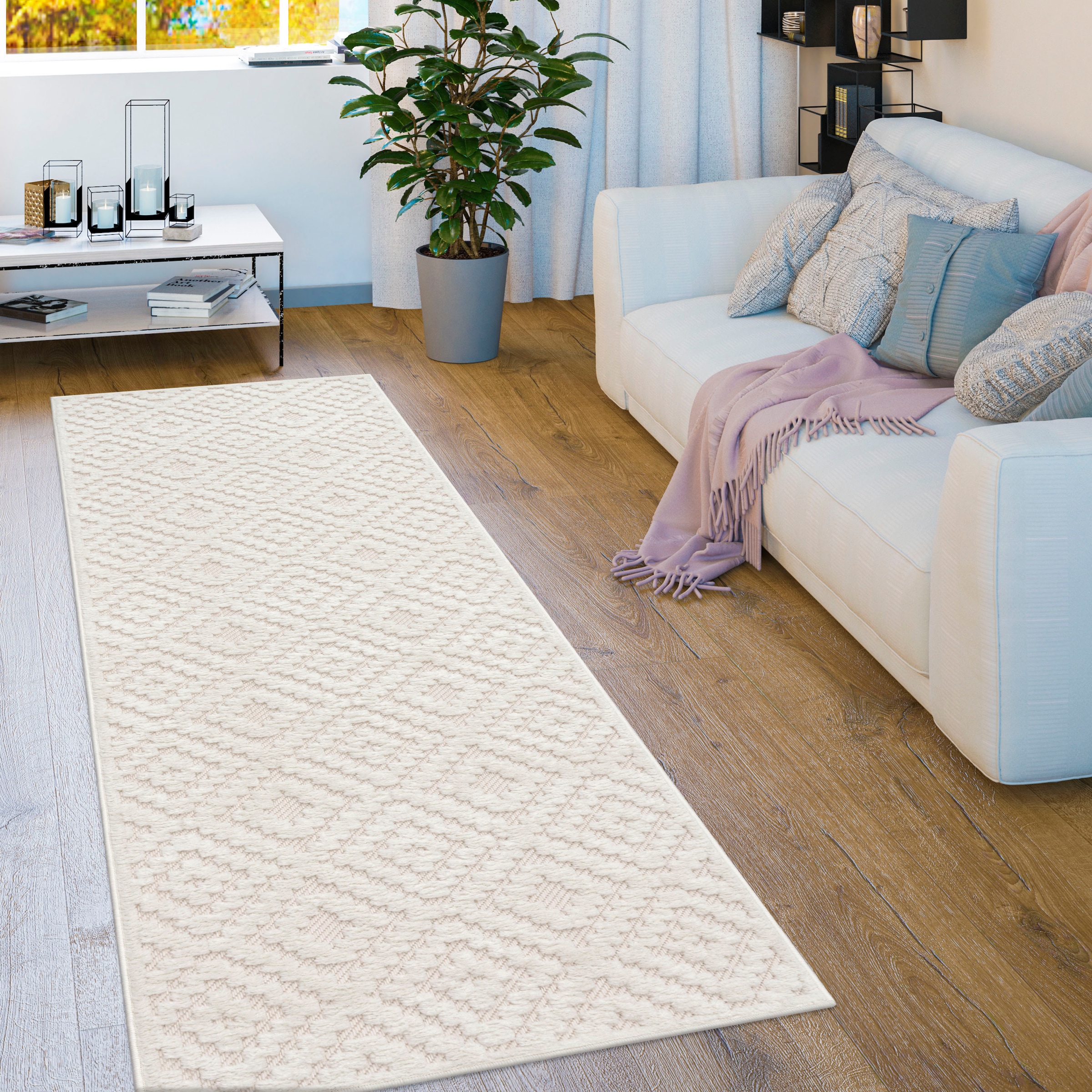 Paco Home Teppich »Livorno 672«, rechteckig, Uni-Farben, Scandi, Rauten  Muster, Hoch-Tief Effekt, Outdoor geeignet | Kurzflor-Teppiche