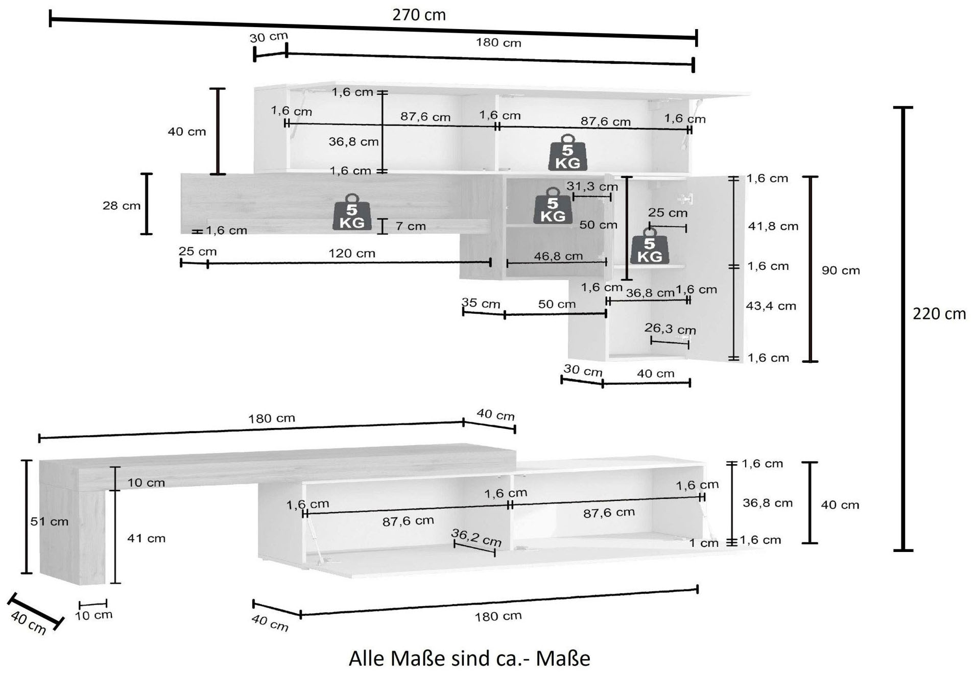 INOSIGN Wohnwand »Chronos Wohnwand, Medienwand, 5-er set« Set, 5 Stk. tlg.