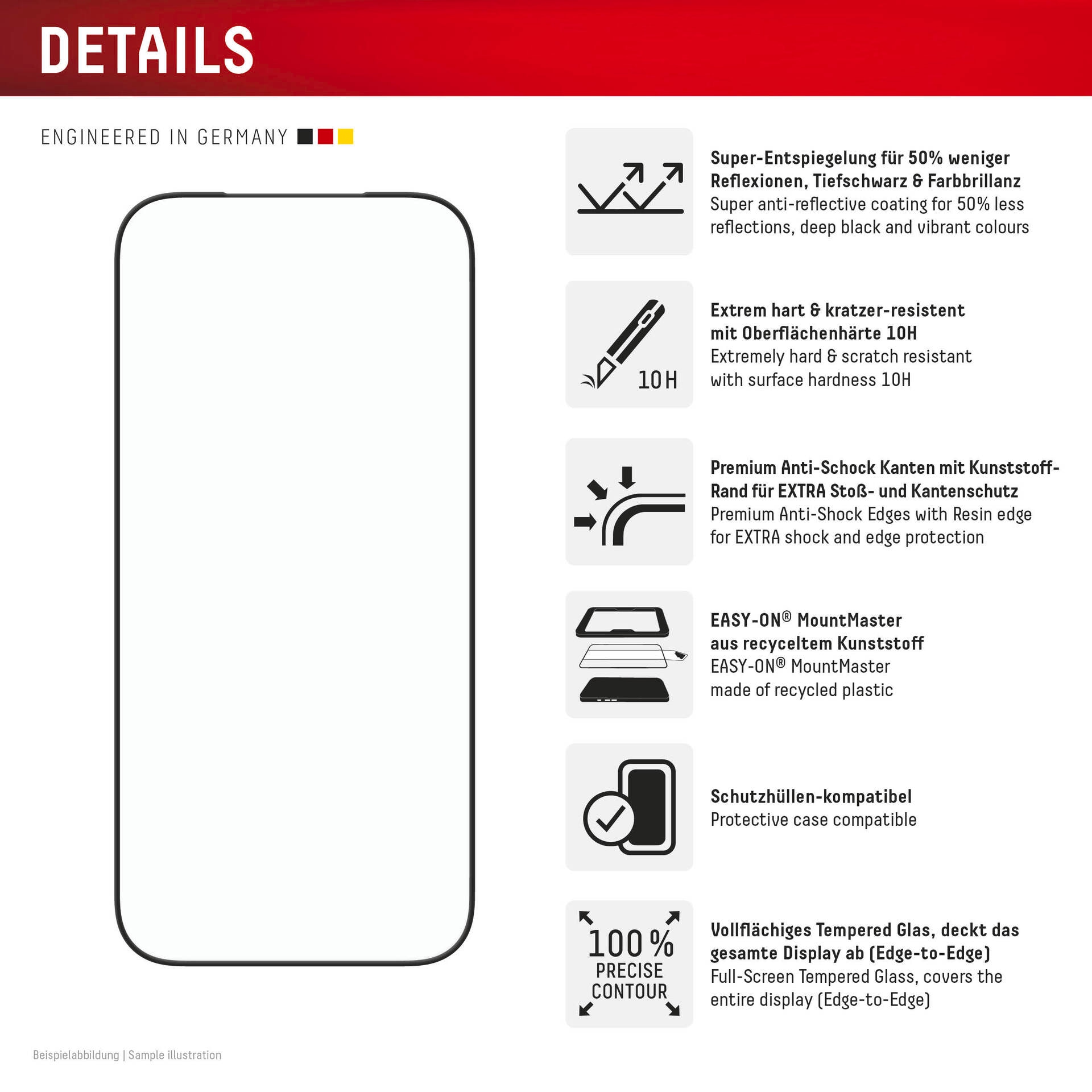 Displex Displayschutzglas »Premium Glass Screen Protector Anti-Reflex mit EASY-ON MountMaster« für Apple iPhone 17 Pro Displayschutzfolie, Schutzfolie, Bildschirmschutz, kratz- & stoßfest