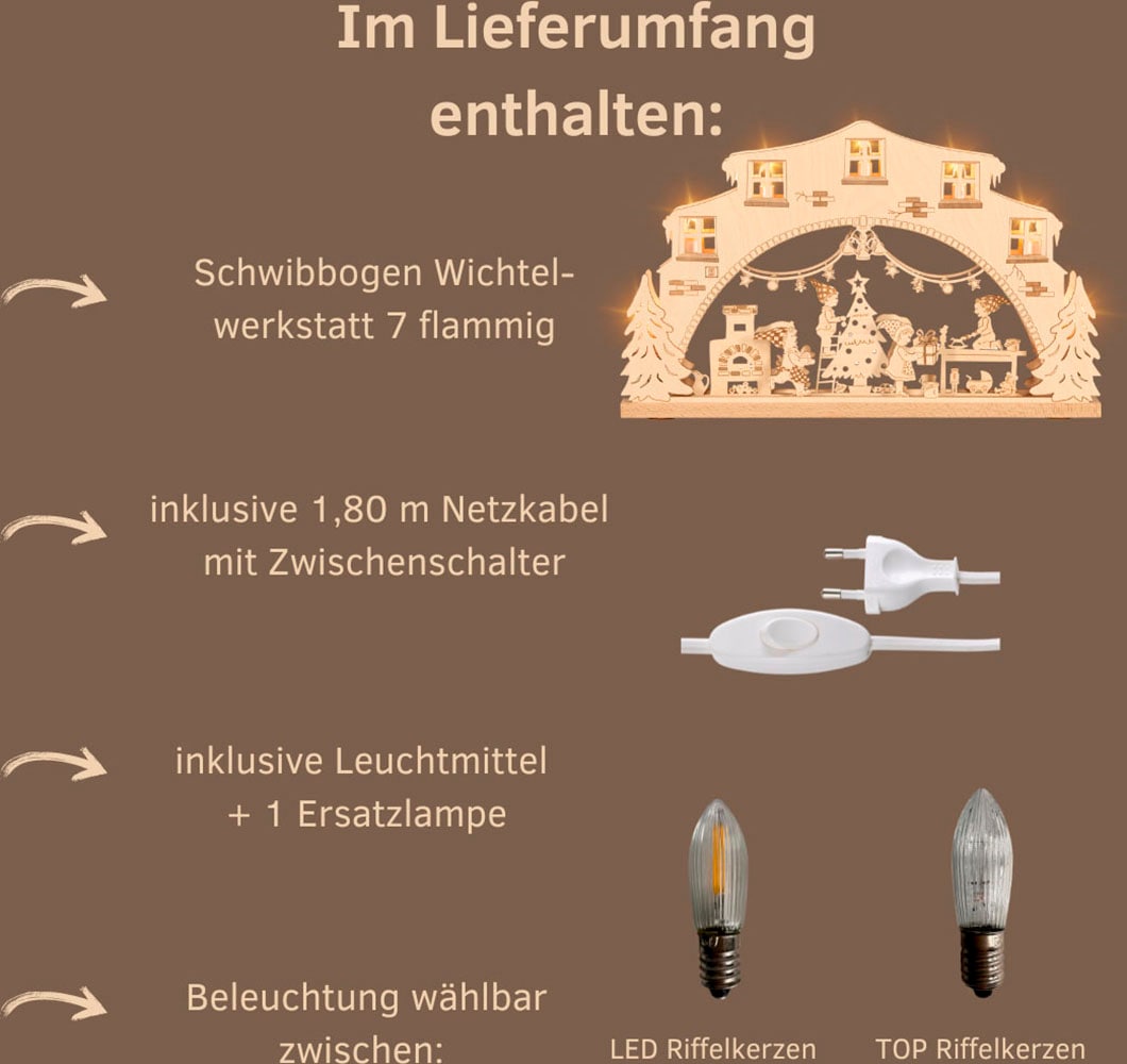 Weigla Schwibbogen »Wichtelwerkstatt, Lichterbogen aus Holz, NATUR, Made in Germany« Erzgebirge garantiert, Weihnachtsdeko Innen, Weihnachtsbeleuchtung