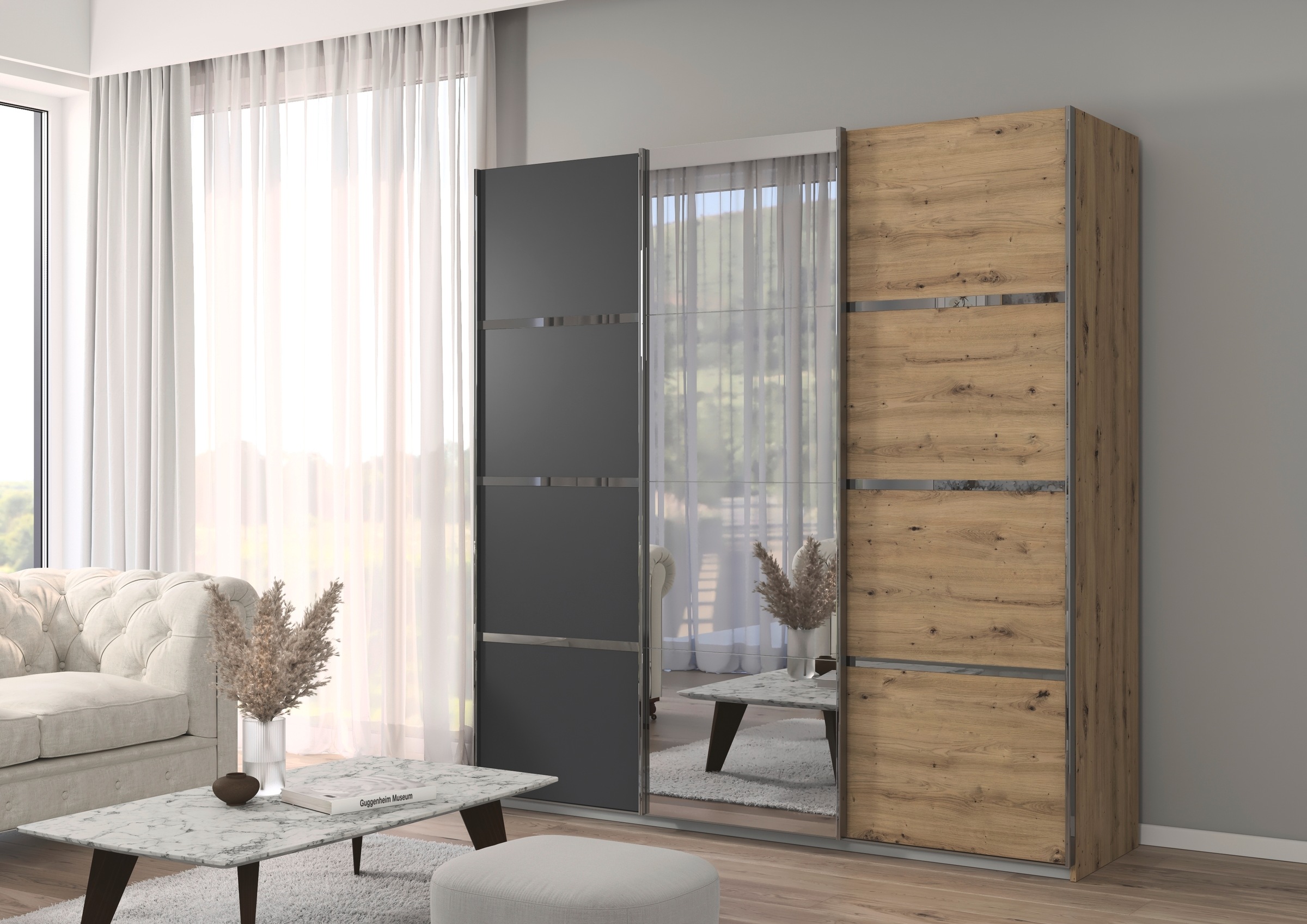 rauch Kleiderschrank »Schwebetürenschrank OTTO´s Choice Garderobe Schrank TOP ANGEBOT Avola«, (in 3 verschiedenen Ausstattungen BASIC/CLASSIC/PREMIUM inkl. Spiegel), mit eleganten Zierleisten in Chrom, Schwarz oder Weiß MADE IN GERMANY