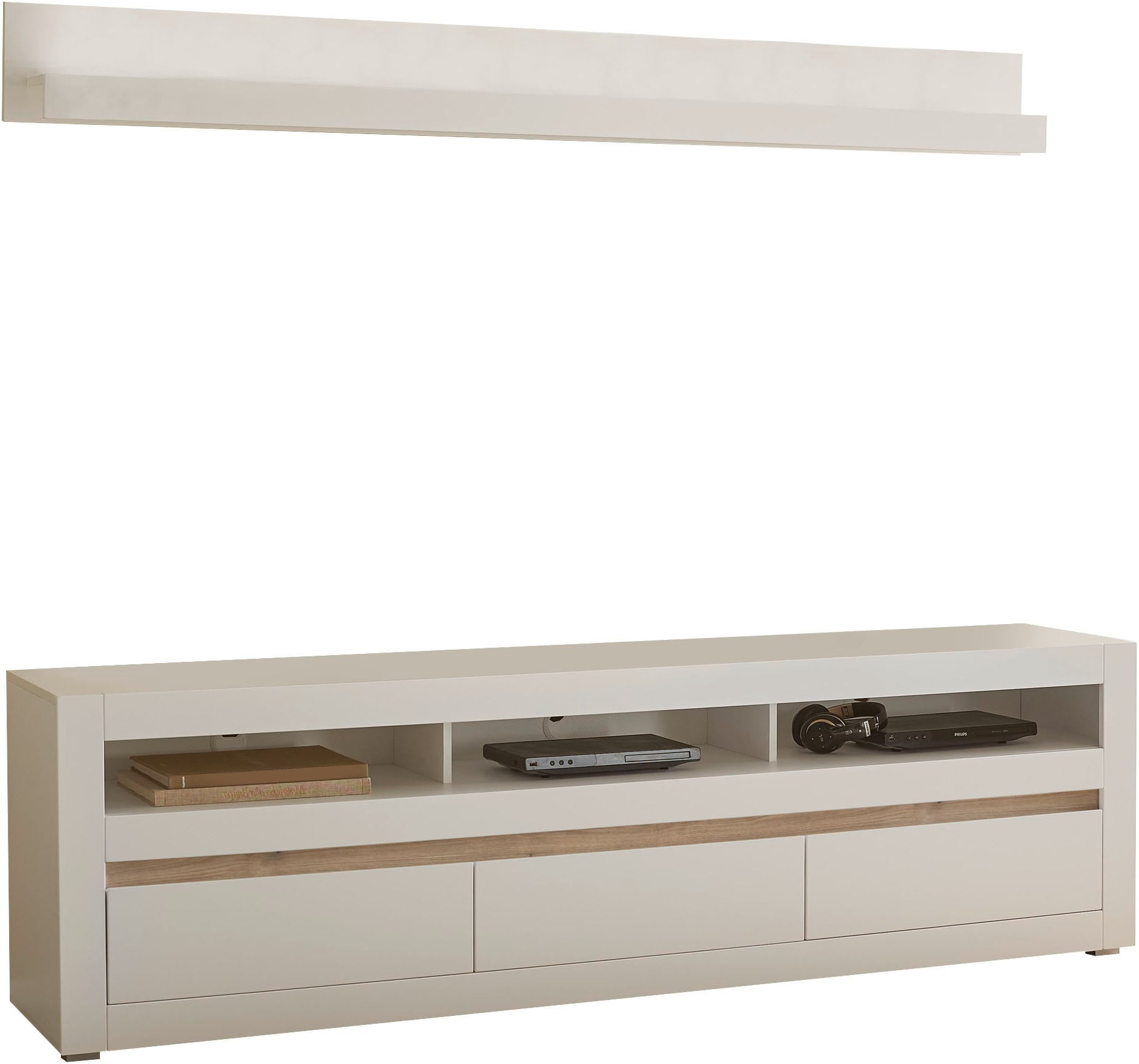 INOSIGN Wohnwand »Anbauwand in Weiß Matt, Wohnzimmer-Set mit austauschbarer Blende«, (Set, 2 St.), enhält Lowboard, Wandboard, zeitloses Design, 217 cm breit