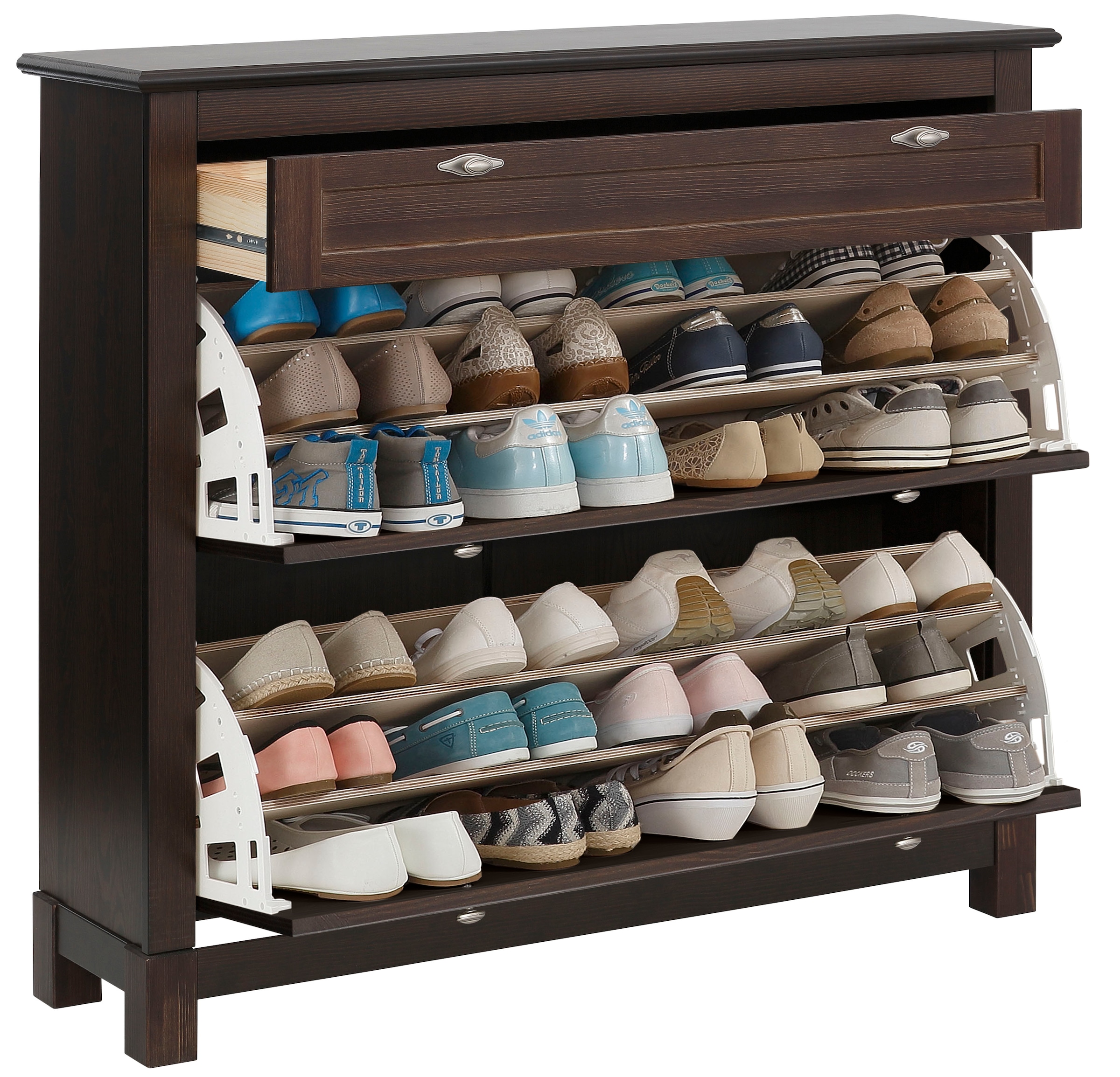 Home affaire Schuhkommode »Rauna Schuhkipper, Schuhschrank«, Kiefermassiv, Breite 120 cm, 3-Fachschuhtrommel, ca. 24 Paar Schuhe