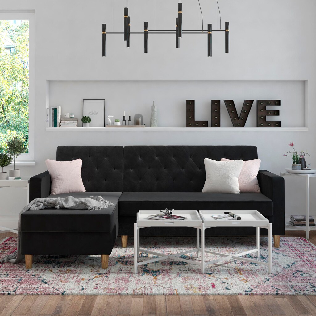 Cosmo Living Ecksofa »Liberty«, mit Schlafffunktion, Recamiere mit Stauraum beidseitig montierbar