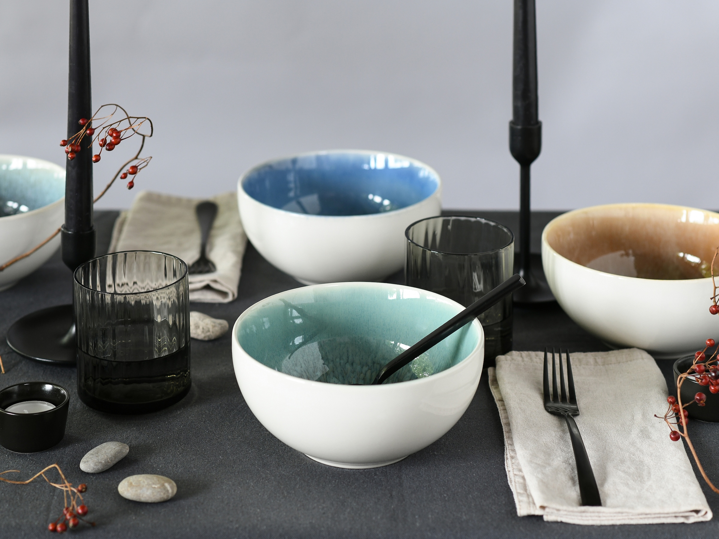 CreaTable Schüssel »Caldera Mix, Buddha Bowl, 4-tlg.« 4 aus Steinzeug Moderne Coupeform, Reaktivglasur