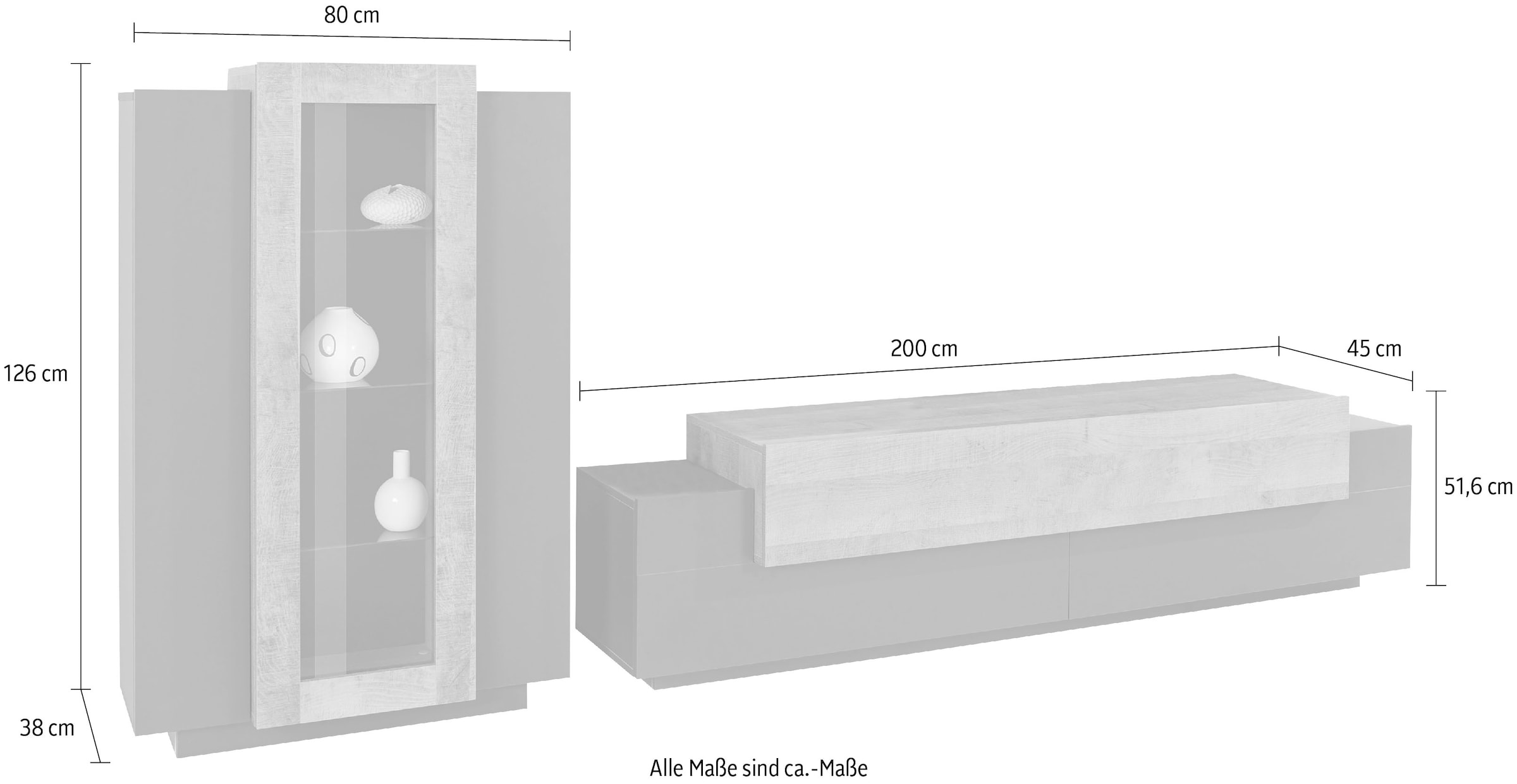 INOSIGN Wohnwand »Coro, Anbauwand, Medienwand«, (Set, 2 St.), Lowboard 4 Fächern Breite 200 cm und Vitrine 3 Türen Breite 80 cm