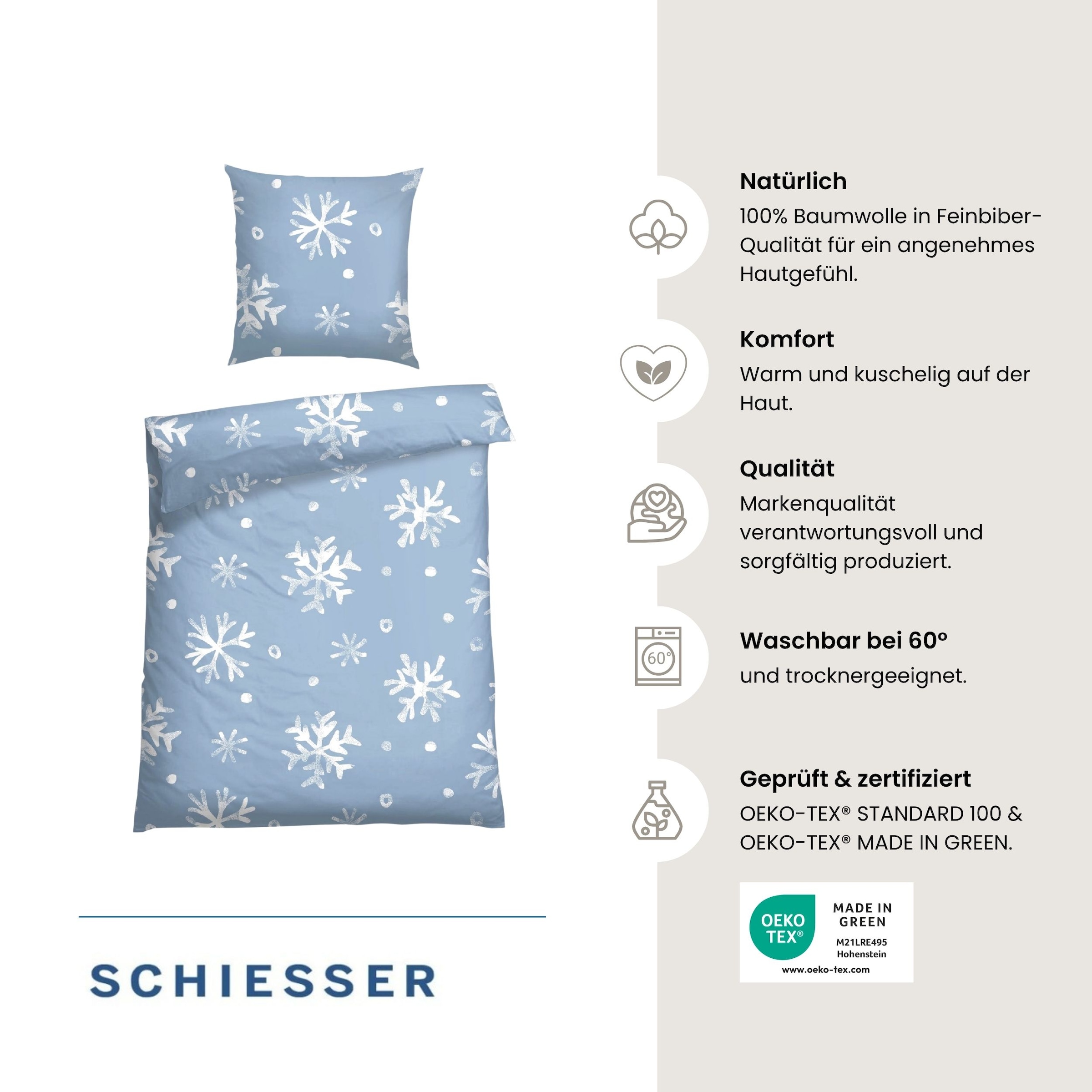Schiesser Bettwäsche »Skadi aus weicher Baumwolle mit weißen Schneeflocken« 2 Stk. OEKO-TEX® MADE IN GREEN-zertifiziert