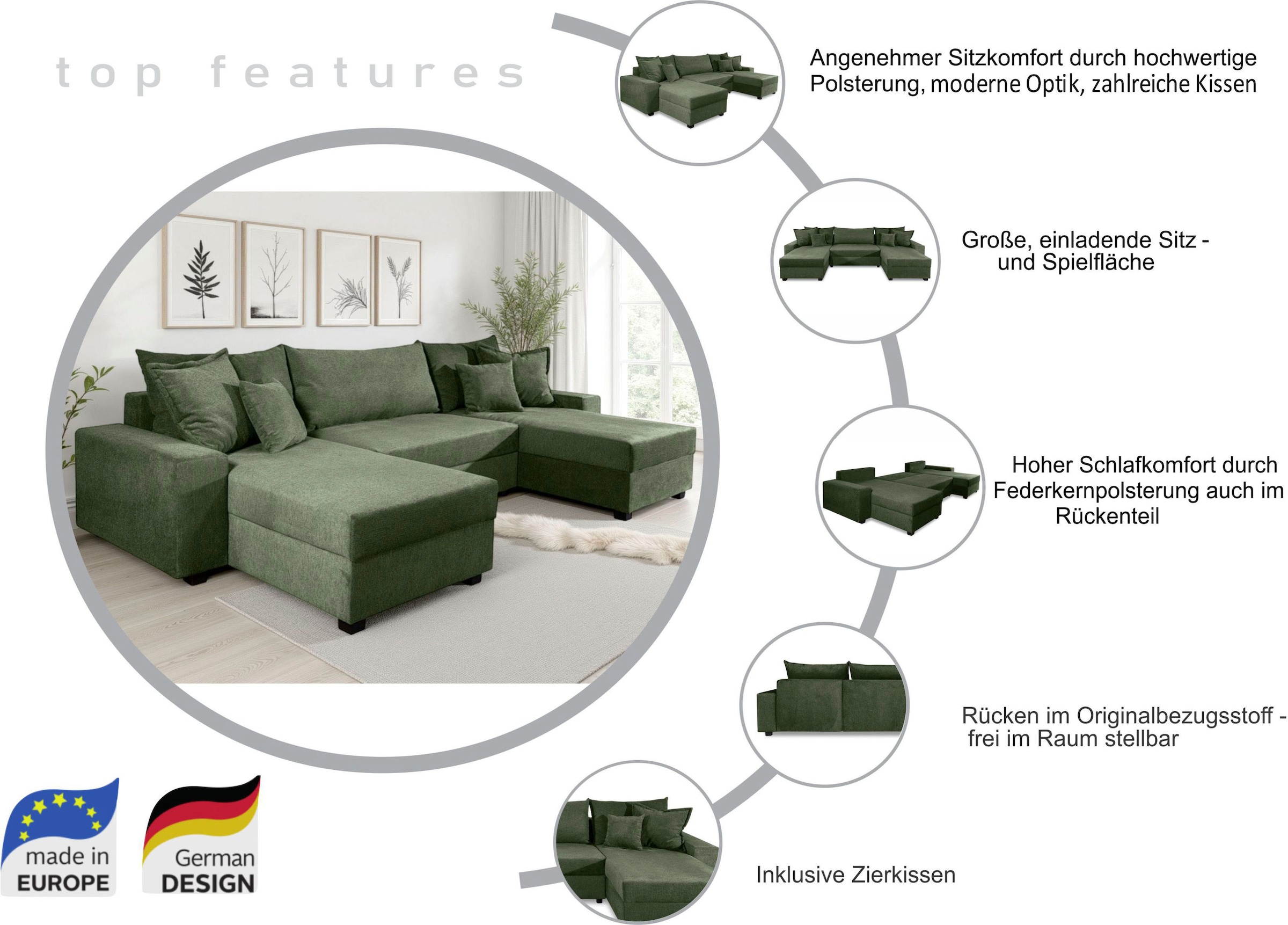 OTTO home Wohnlandschaft »Alexa U-Form, B: 313 cm« Bettfunktion, Bettkasten & 4 Zierkissen, Federkern
