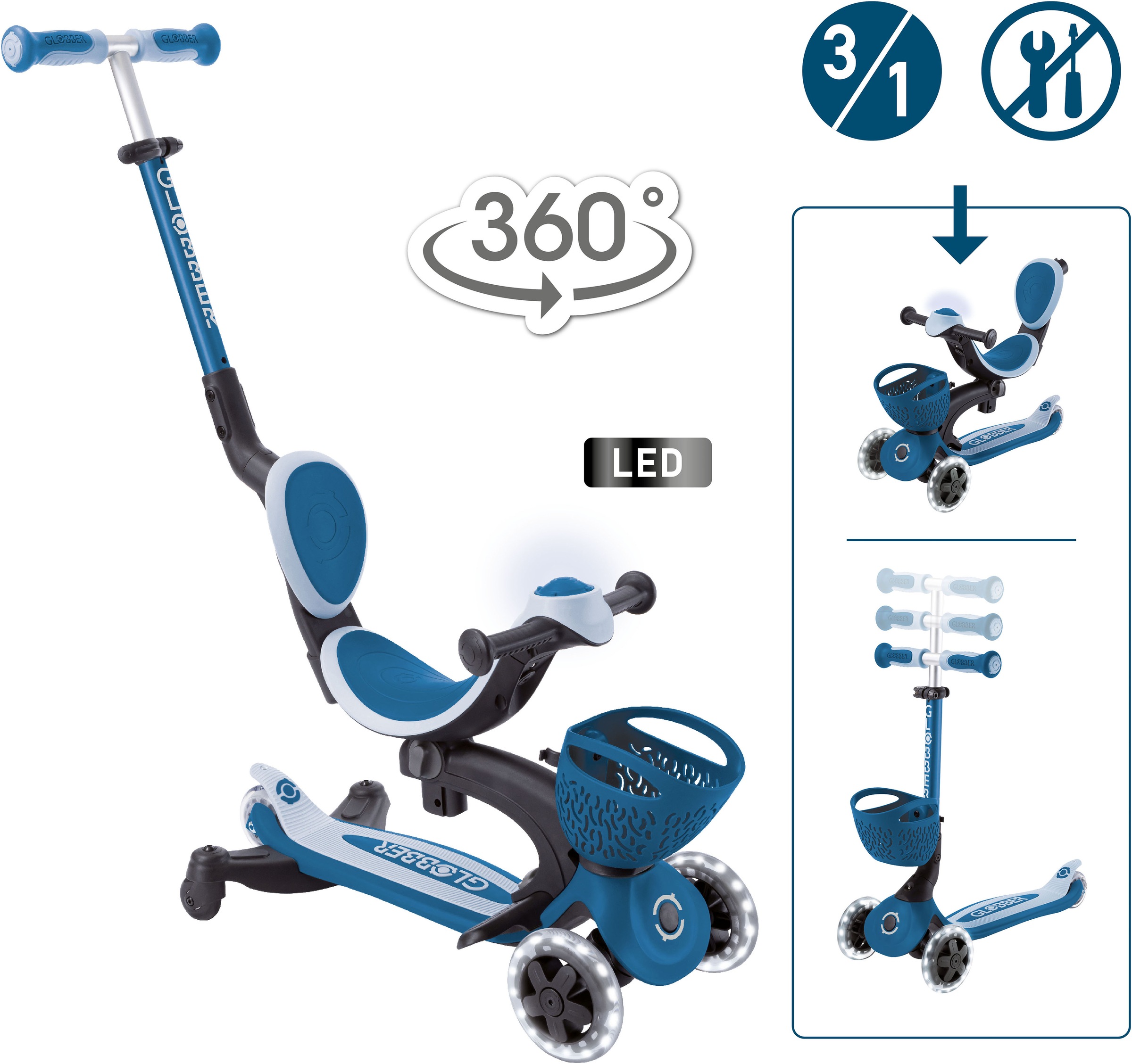 Globber »GO-UP BABY 360 LIGHTS, mit Leuchtrollen und Leuchtmodul« Aufsitzrad, Laufrad und Scooter in Einem