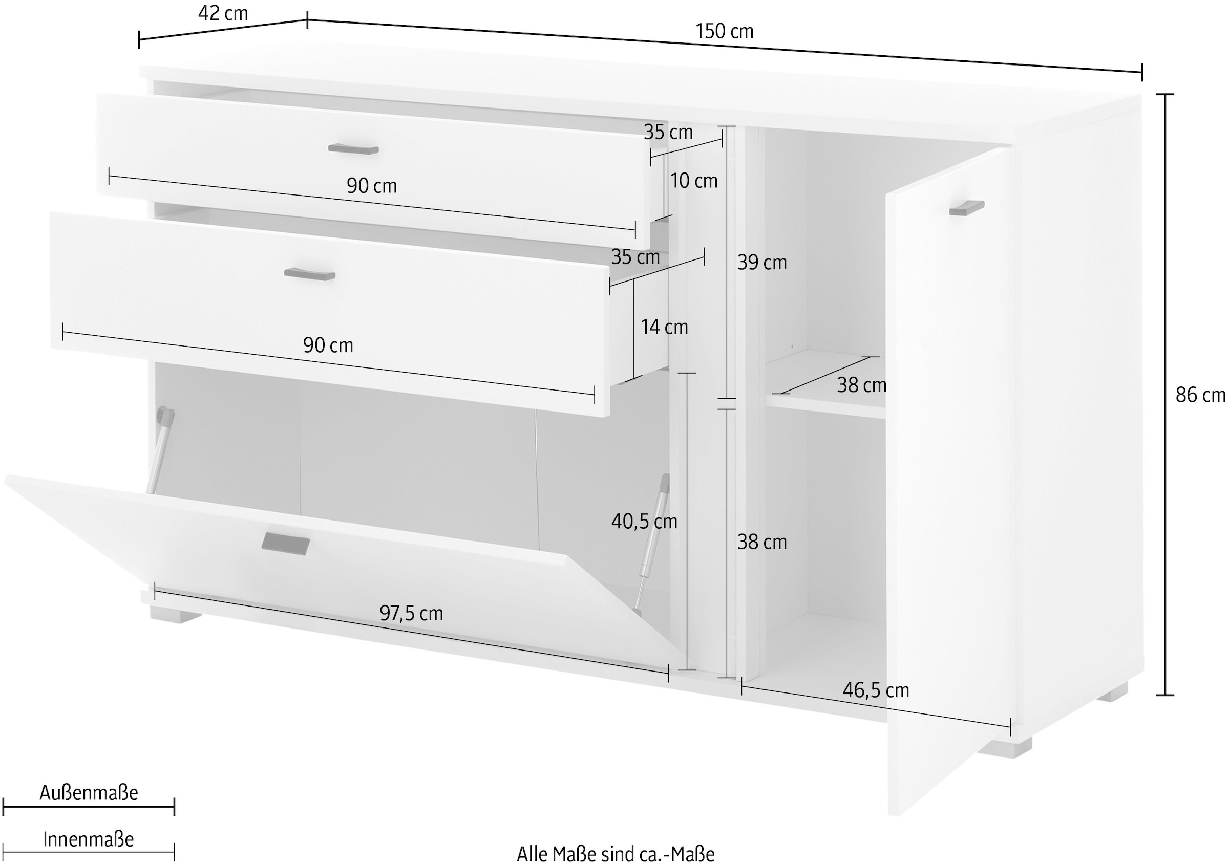 INOSIGN Sideboard »LONG ISLAND«, (1 St.), in moderner Trendfarbe,inklusive senkrechter Beleuchtung,Breite 150 cm
