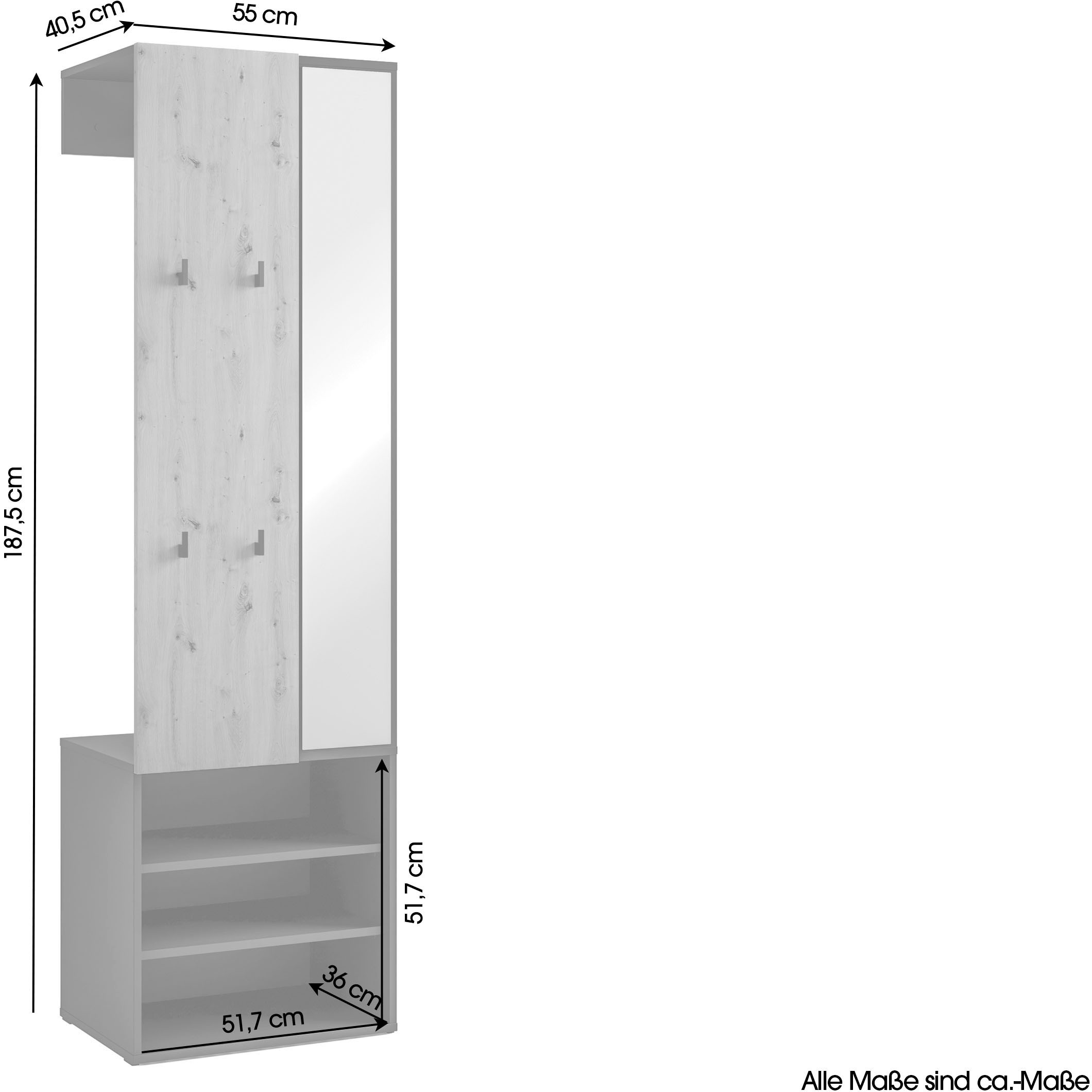 byLIVING Kompaktgarderobe »Dielen - Set Andorra« 1 Stk. tlg. maximale Ordnung auf wenig Fläche mit Spiegel, Kleiderstange und Haken