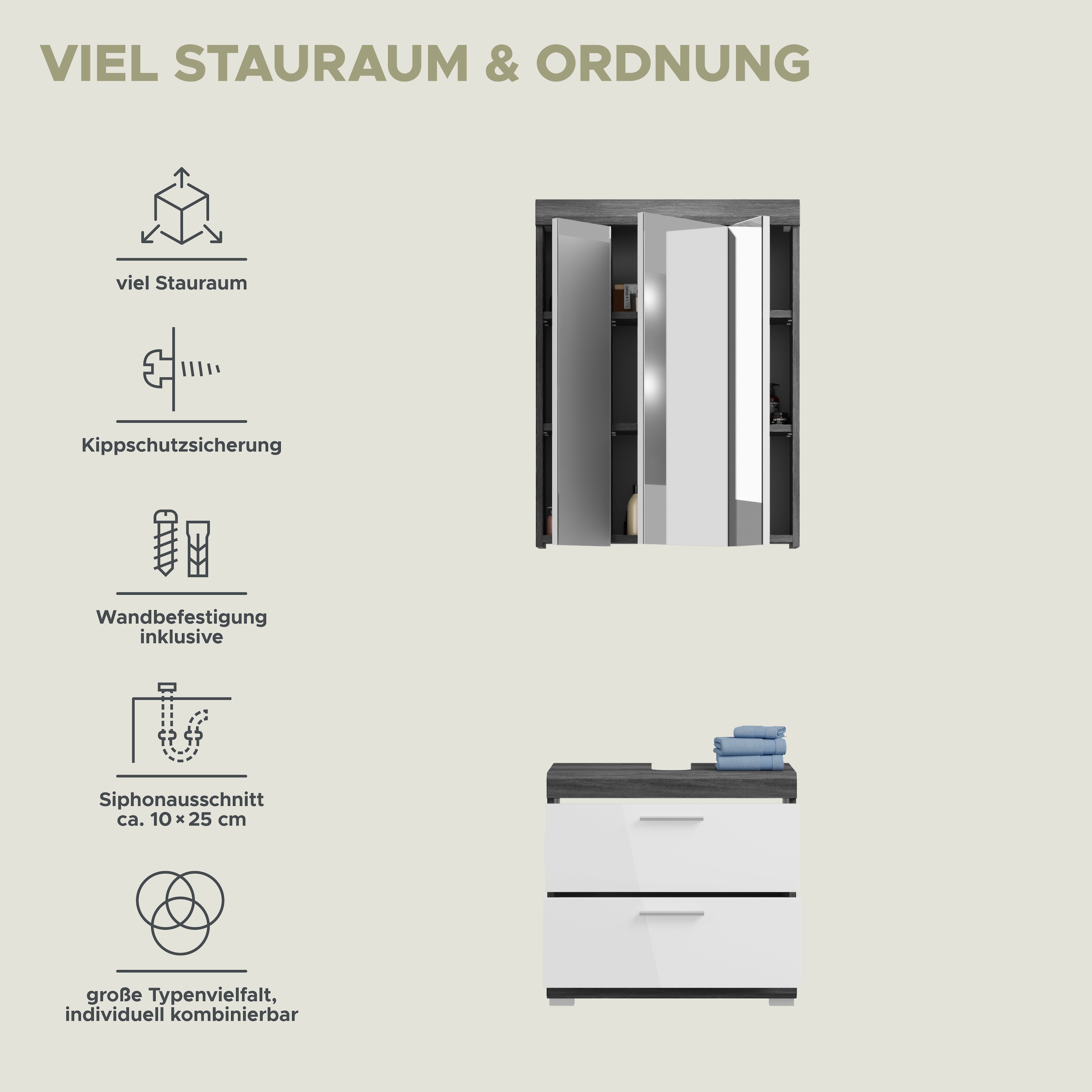 INOSIGN Badmöbel-Set »Siena, 2 tlg., bestehend aus: Waschbeckenunterschrank, Spiegelschrank«, (Set, 2 St., TOPSELLER!), in verschiedenen Farben erhältlich, Badmöbel, Kombination, Badezimmer