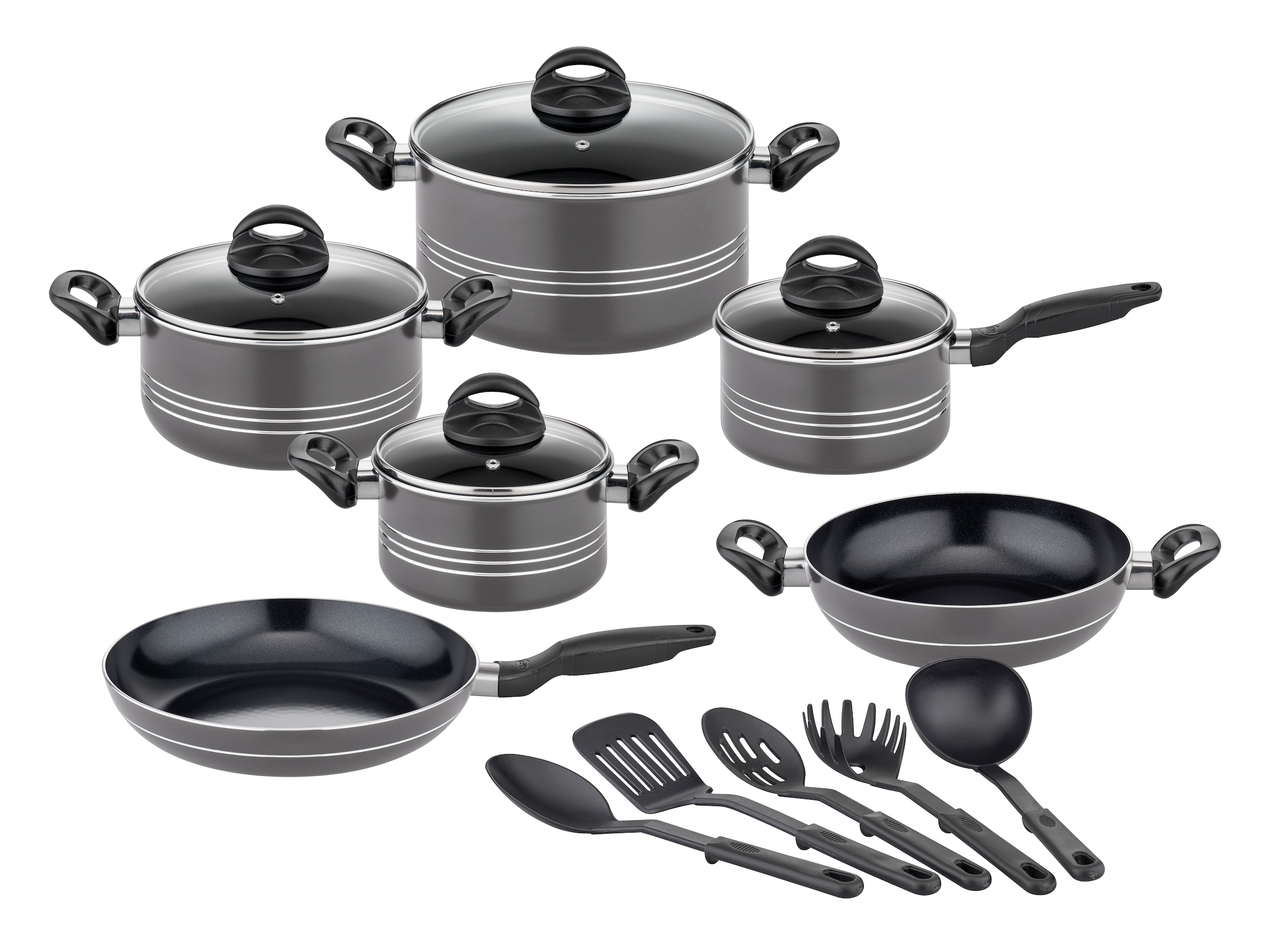 GSW Topf-Set »Milano Nero«, Aluminium, (Set, 15 tlg., je 1 Kochtopf 16/20/2 cm, 1 Stielkasserolle 16cm, je 1 Pfanne 24/28cm), Induktion, inkl. 5-teiliges Küchenhelfer-Set