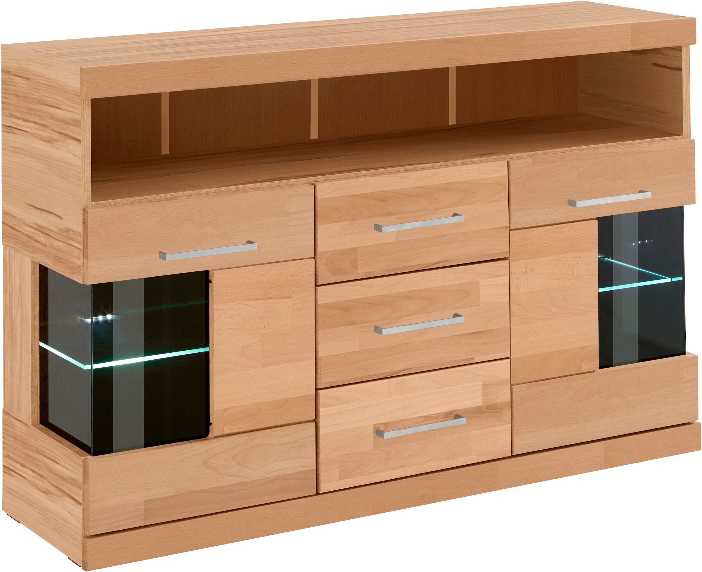 Home affaire Sideboard »Ribe,125cm breit, Fronten Massivholz,5 Fächer,Böden versetzbar«, Korpus Holzwerkstoff,Türen mit Glaseinsatz,3 Schubladen,Metallgriffe
