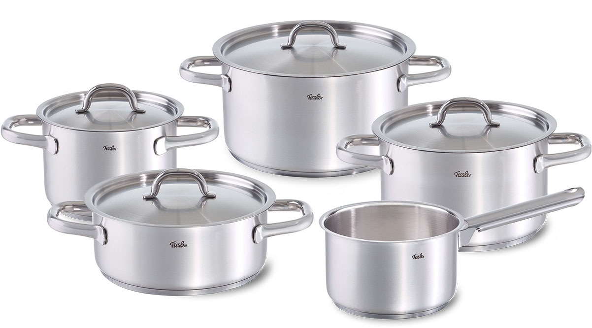 Fissler Topf-Set "Family Line" Set, 1 Bratentopf 20 cm, je 1 Kochtopf 16/20/24 cm, 1 Stielkasserolle 16cm, 9 Stk. tlg. Edelstahl 18/10