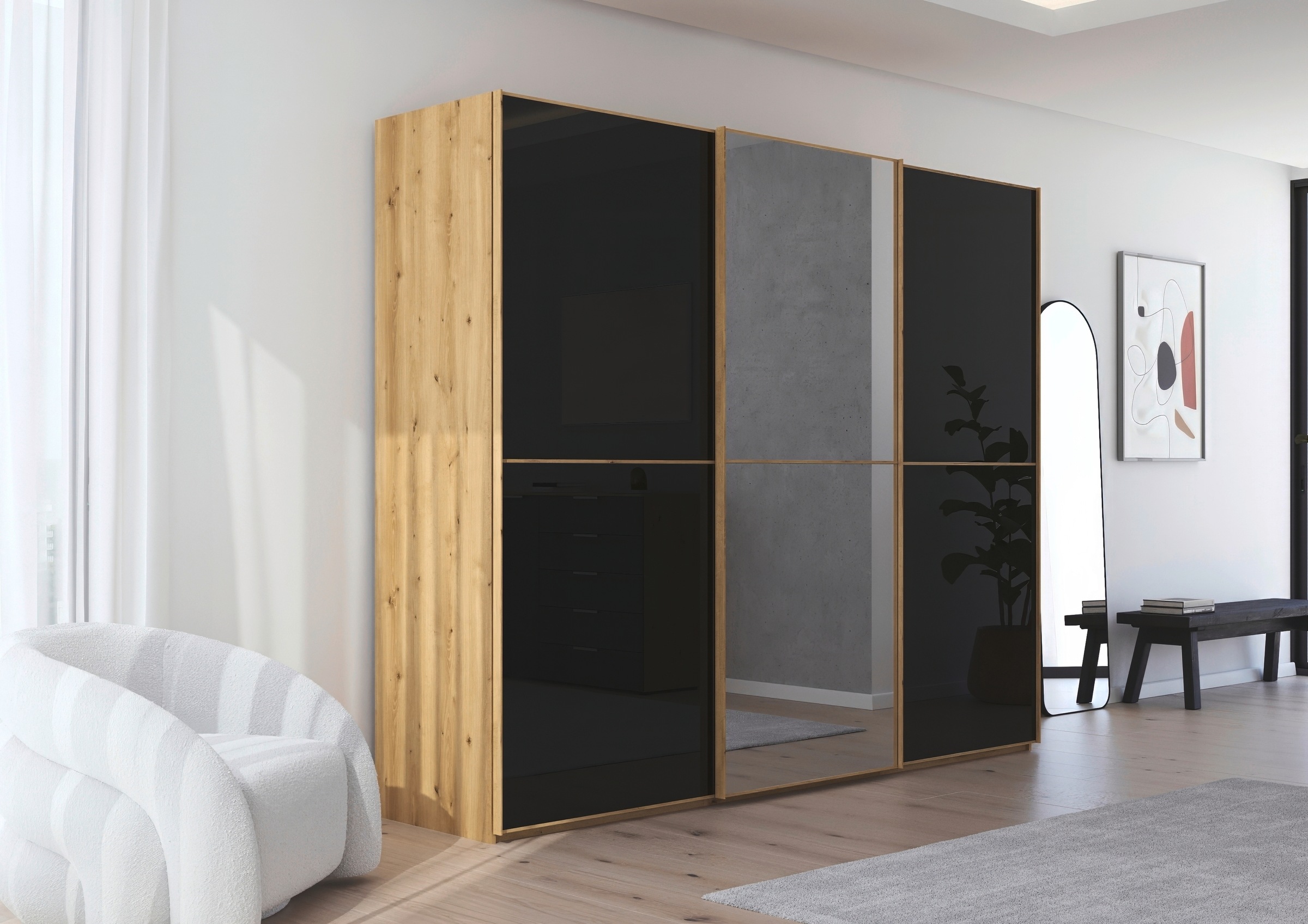 rauch Schwebetürenschrank »Kleiderschrank Schrank Garderobe Schlafzimmerschrank SCALE-DUO«, edle zweigeteilte Türen Spiegel/Glas-Mix 3 Zierleisten MADE IN GERMANY