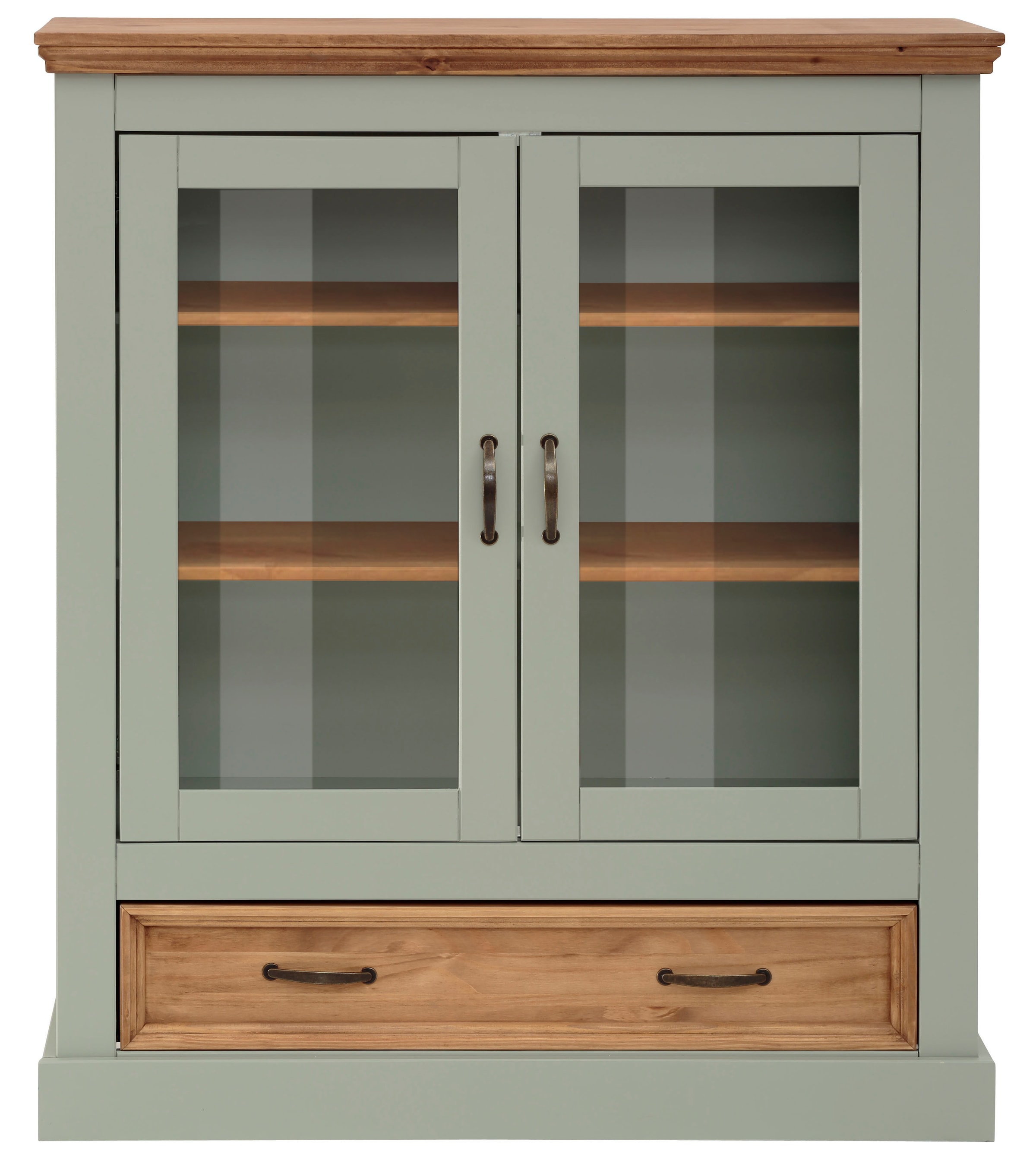 Home affaire Vitrine »Selma Highboard«, aus massivem Kiefernholz, mit Griffen aus antikisiertem Metall