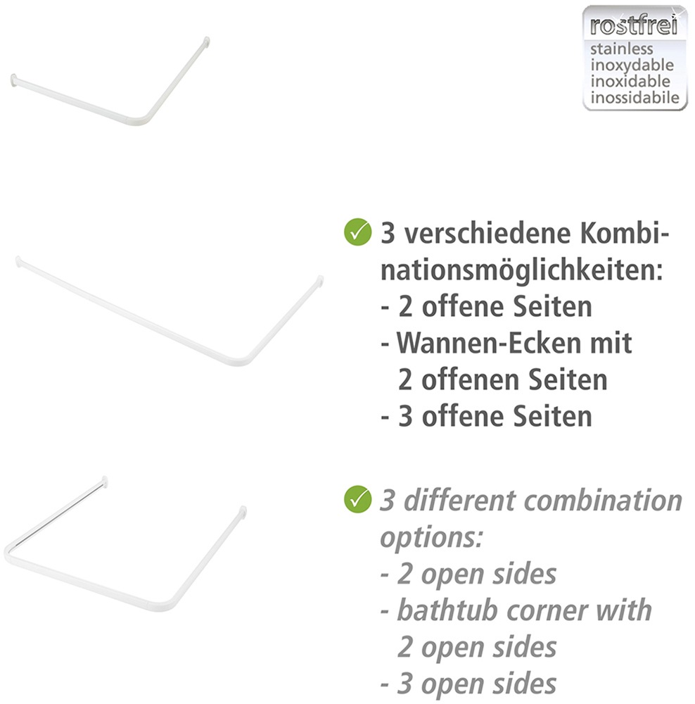 WENKO Winkelstange »Modell Era«, Winkelschiene aus Aluminium für Duschvorhänge, inkl. 16 Spezialgleiter