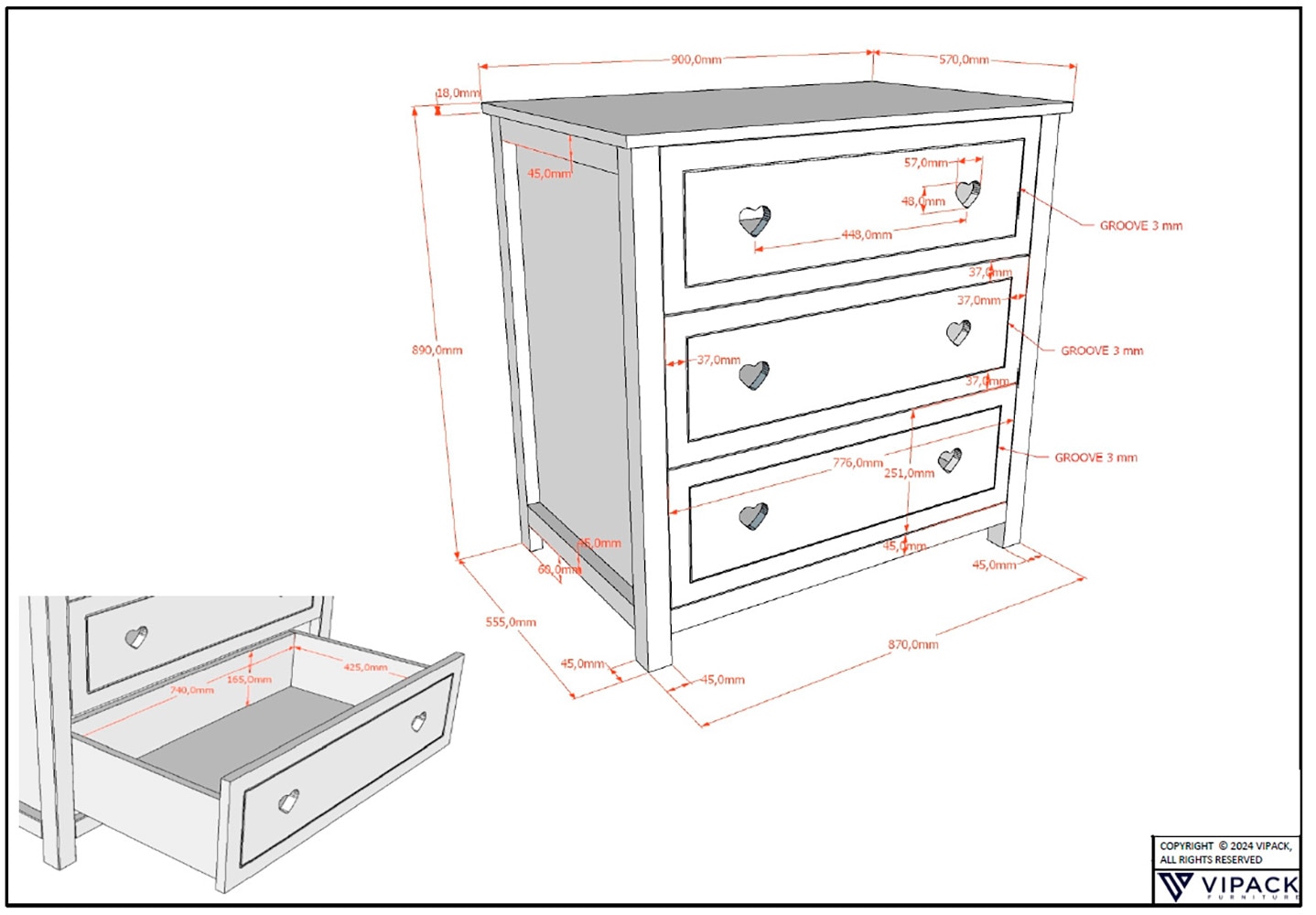 Vipack Kommode »Amori mit 3 geräumigen Schubladen, hier haben Sie alles griffbereit«, Schubladen mit Herz Ornament, Ausf. teilmassiv mit MDF, weiß lackiert