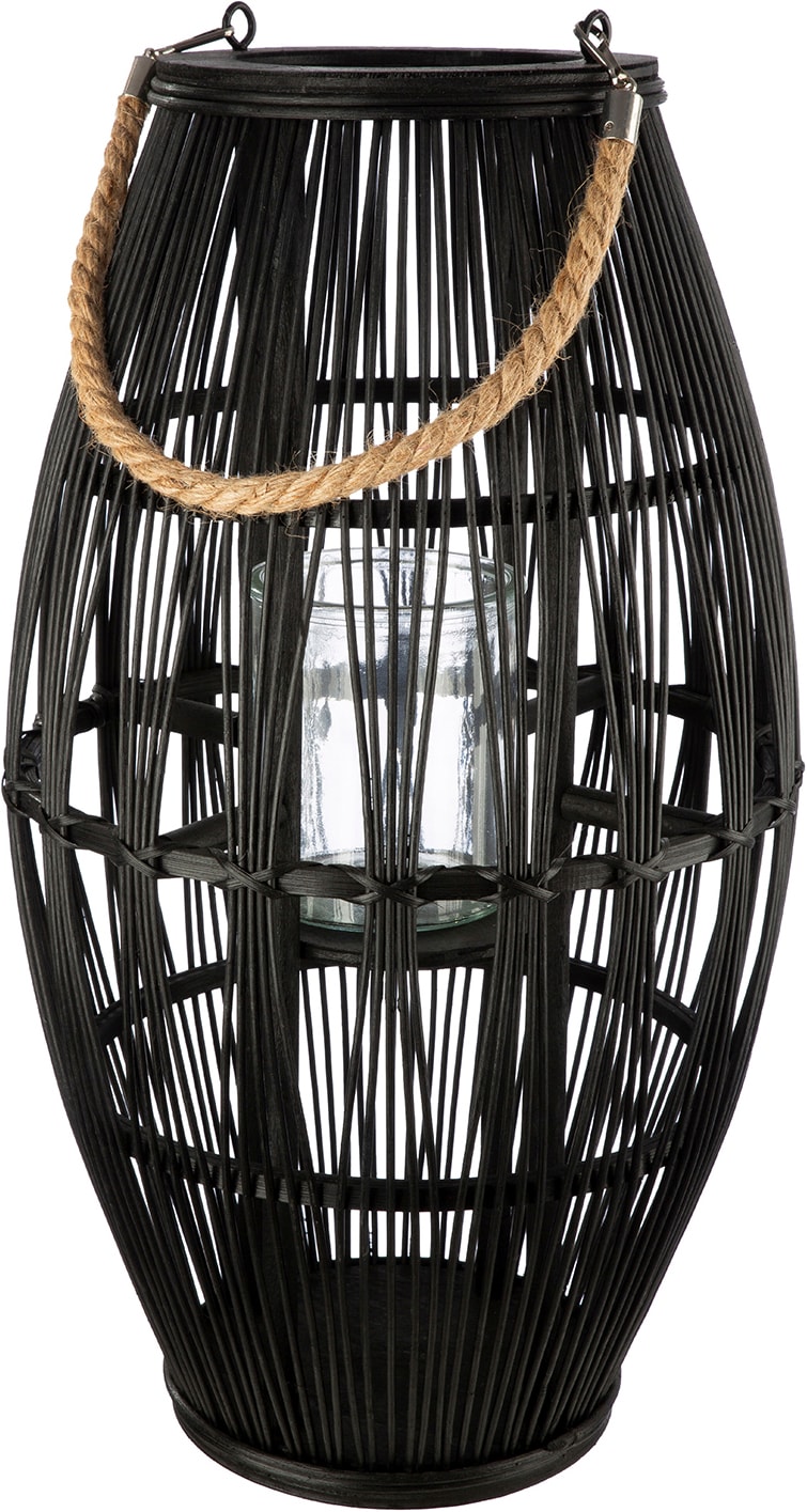 GILDE Windlicht "Windlicht Kegel Yantai schwarz" Deko Windlicht Flechtoptik Henkel asiatisch Boho gemütlich