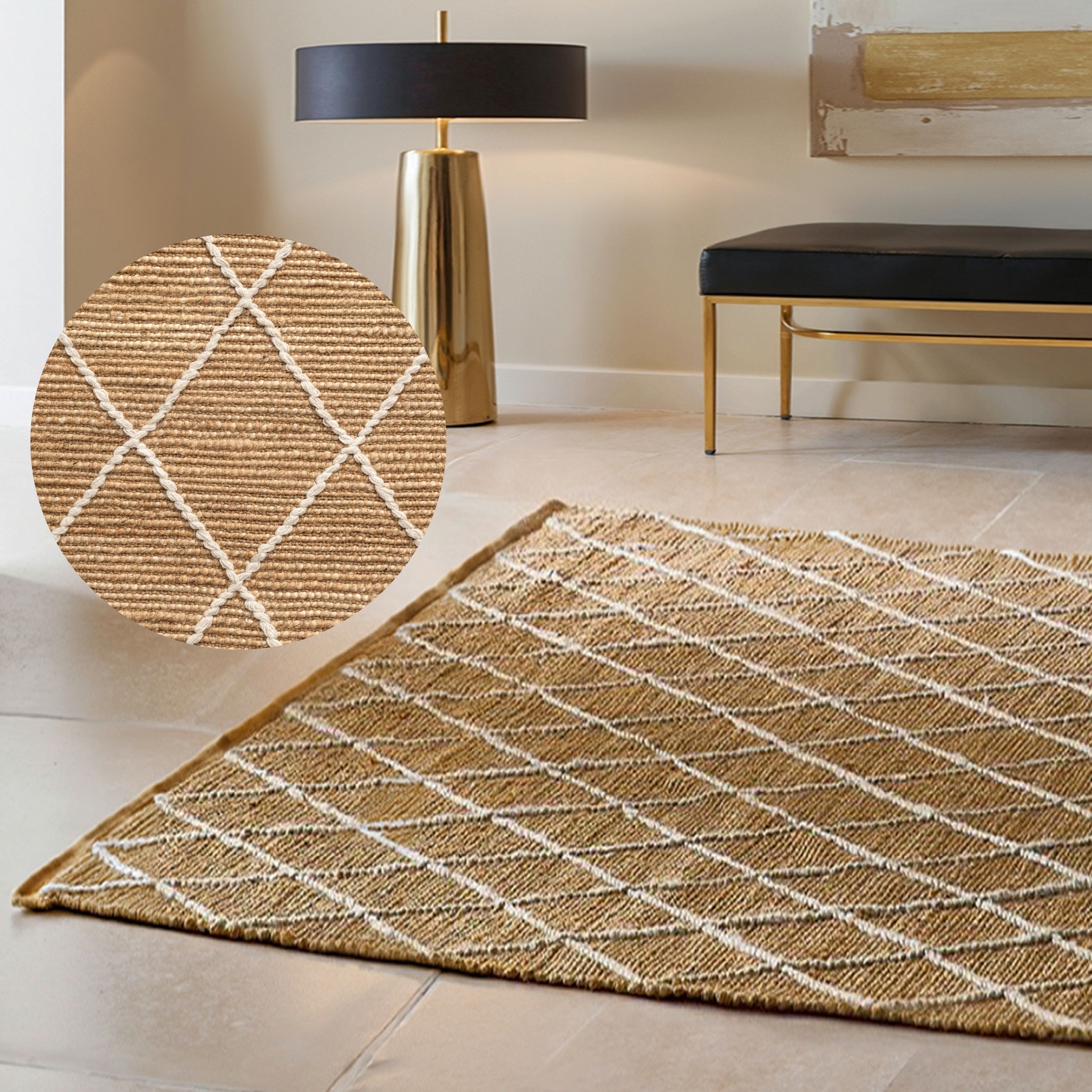THE RUGS Kunu Jute Rug Handwoven Natural Diamond Design Durable & Stylish in Beige | Size: 200cm x 300cm