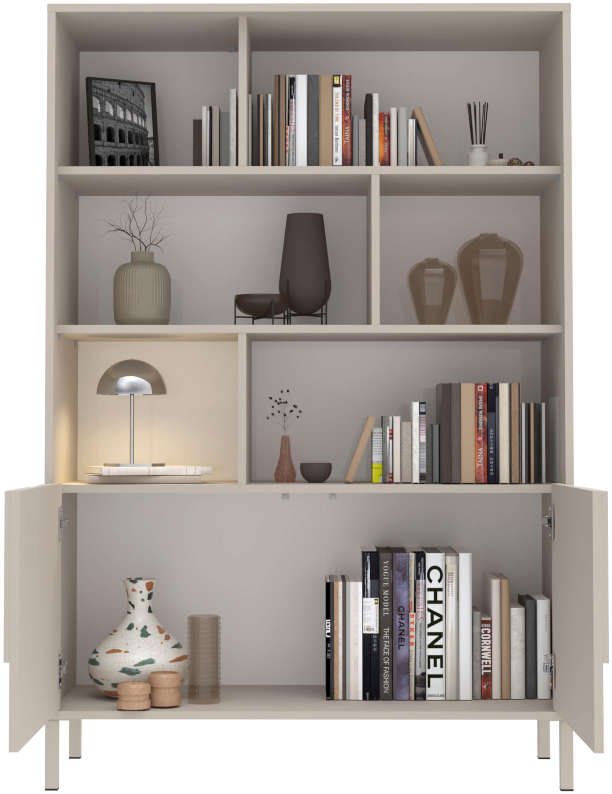 INOSIGN Highboard »Stone, H 155/141, B 105 cm, 2 Türen, 6 offene Fächer, Regal-Schrank« 3D-Design, Push-to-open, Stauraum dekorativ & praktisch, Füße wählbar