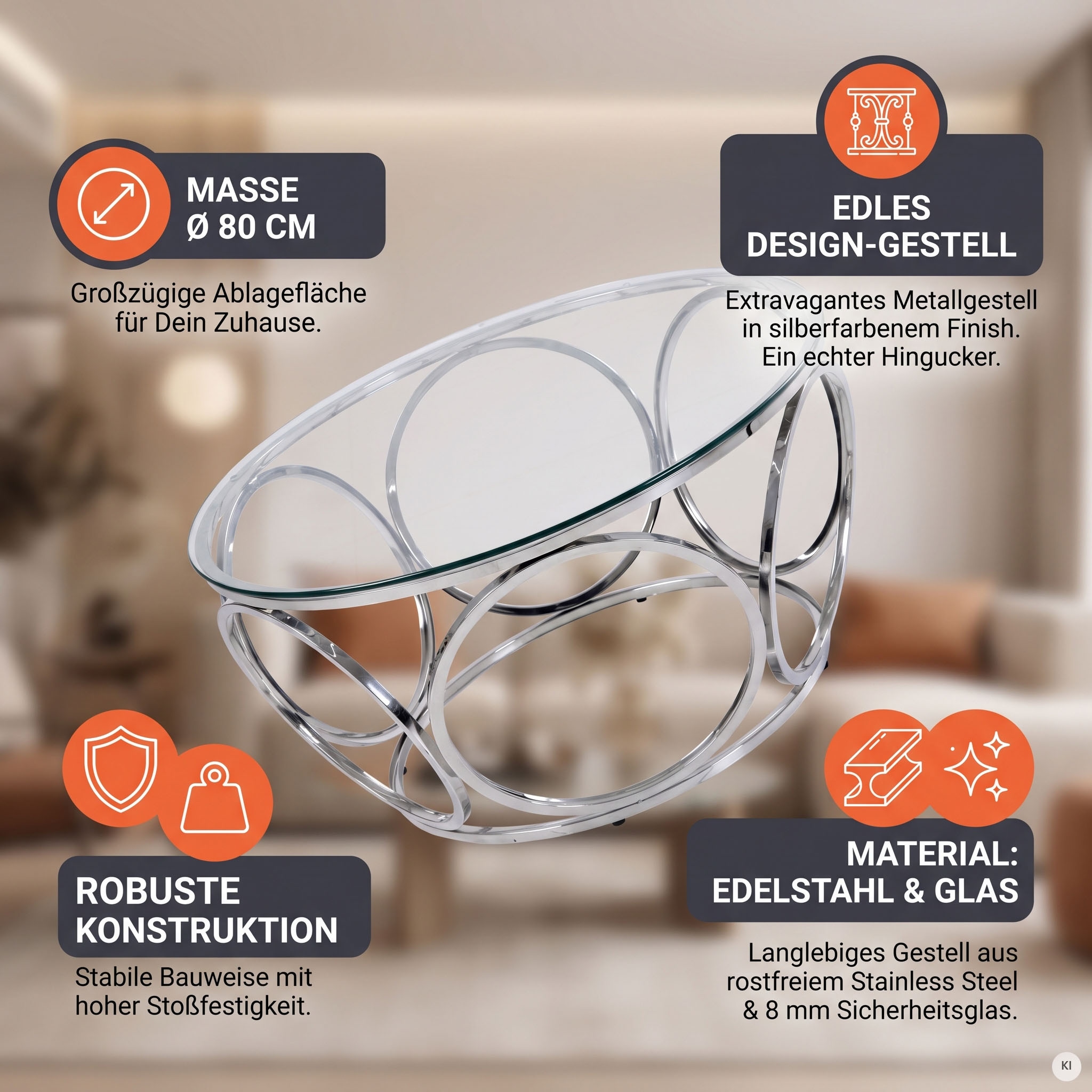 SalesFever Couchtisch »Couchtisch im eleganten Stil« mit Design-Gestell aus Stainless Steel