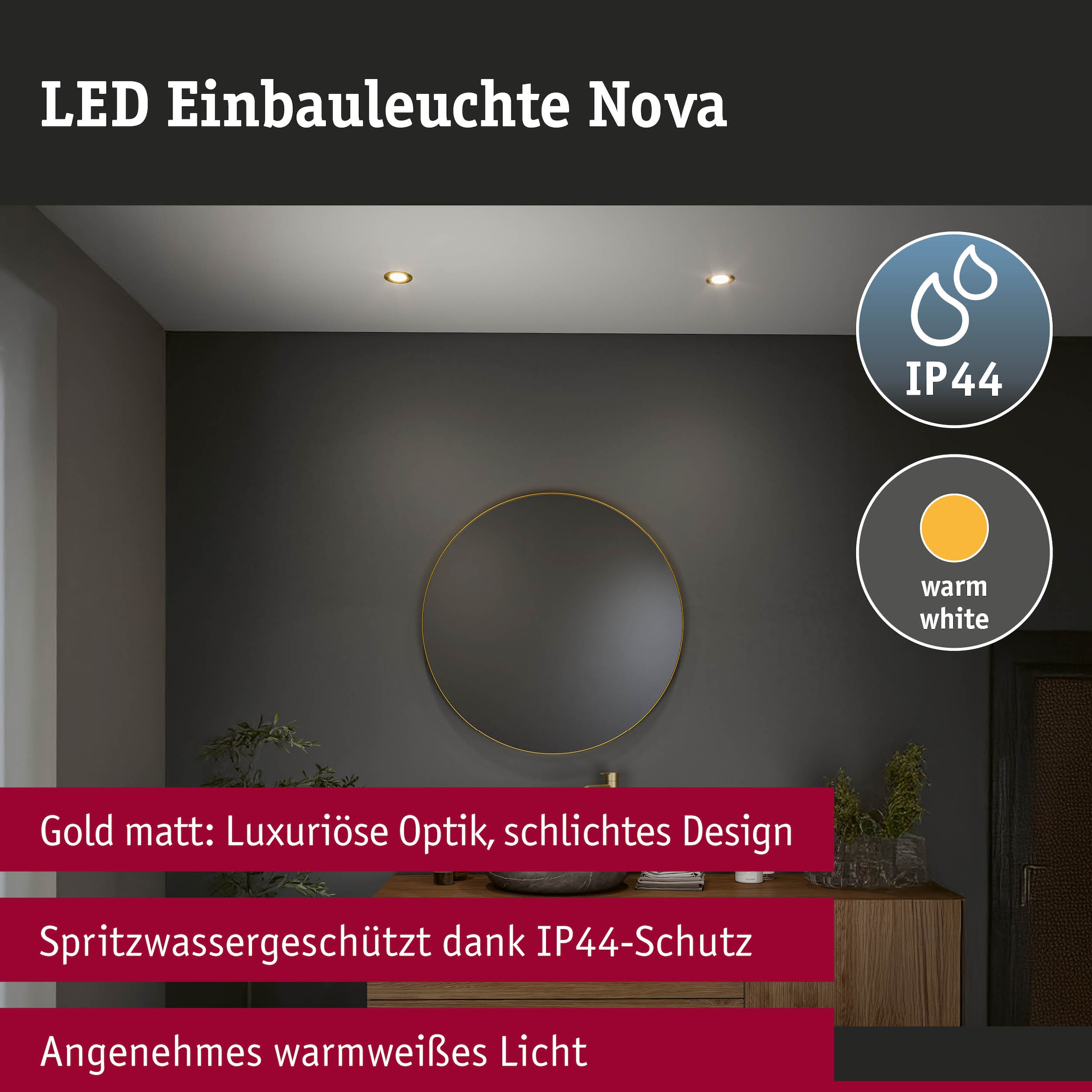Paulmann LED Einbauleuchte »LED Einbauleuchte Nova Coin IP44 rund 78mm Coin Gold matt« LED-Modul 3 Stk. Warmweiß