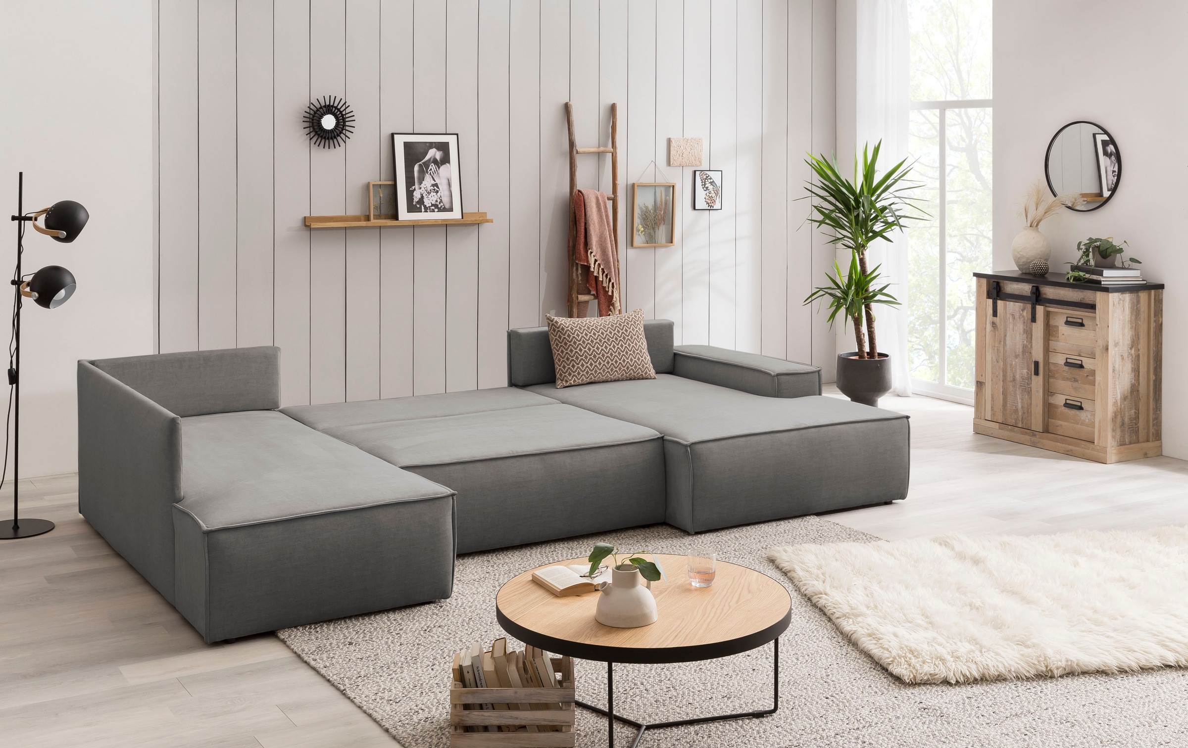 Home affaire Wohnlandschaft »SHERWOOD 329 cm, U-Form, Schlafsofa,«, Schlaffunktion m. Bettkasten (194x139 cm), Cord, Vintage, Samtvelours