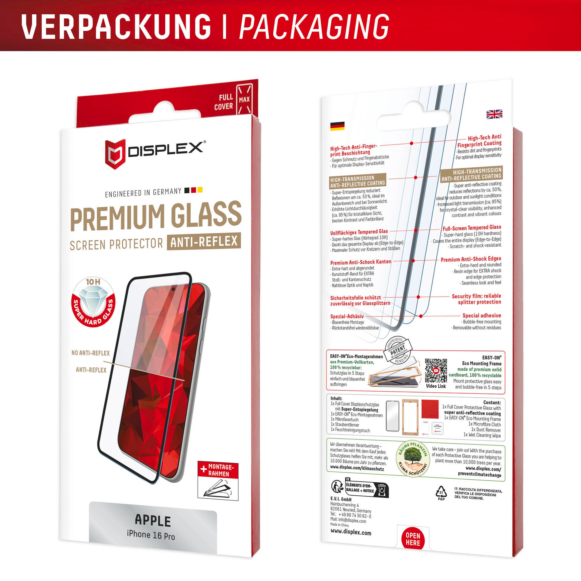 Displex Displayschutzglas »Premium Glass Full Cover Anti-Reflex«, für Apple iPhone 16 Pro, (1 St.), Displayschutzfolie, Schutzfolie, Bildschirmschutz, kratz- & stoßfest