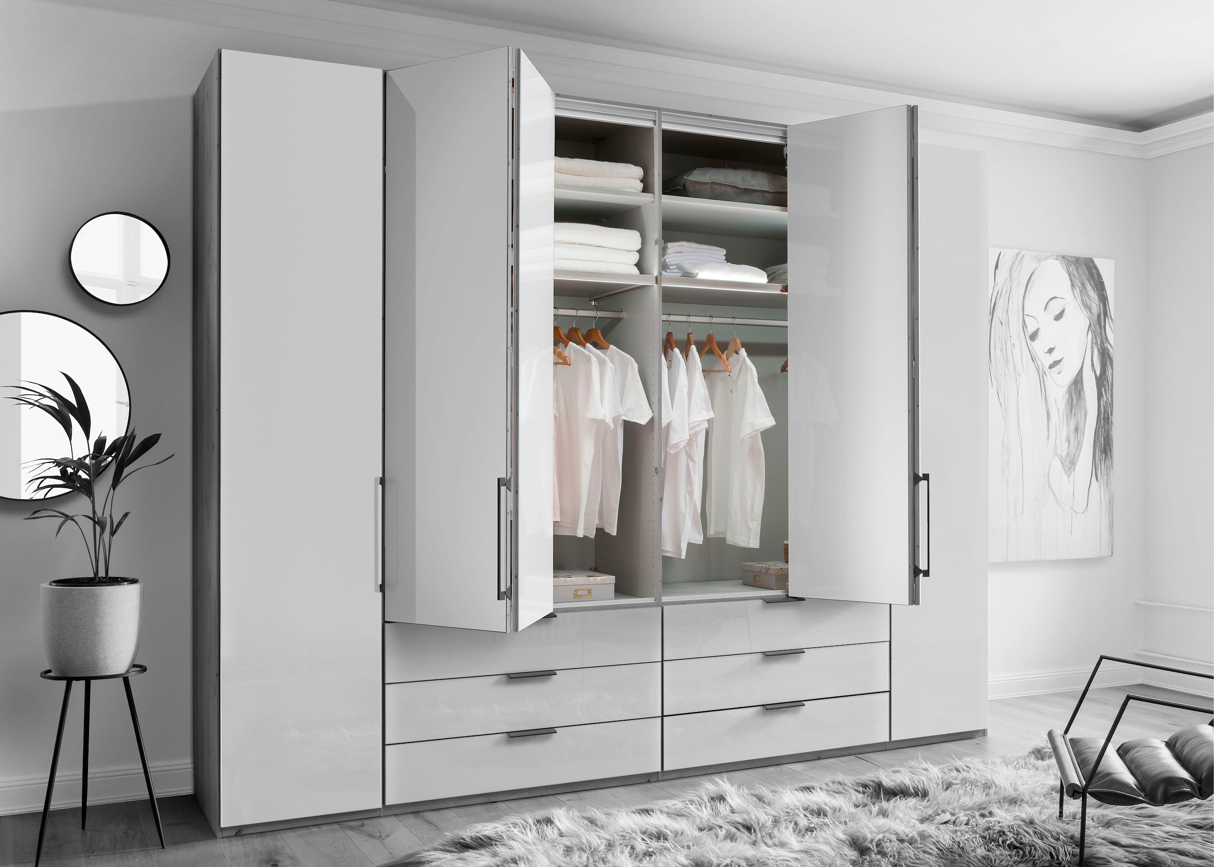 WIEMANN Falttürenschrank »Monaco, Kleiderschrank, Schrank, Wäscheschrank, mit edler Glasfront«, (2 Breiten, 2 Höhen 216/236 cm auswählbar, MADE IN GERMANY), inkl. gepämpften Schubkästen und Türen, mit Panoramaöffnung