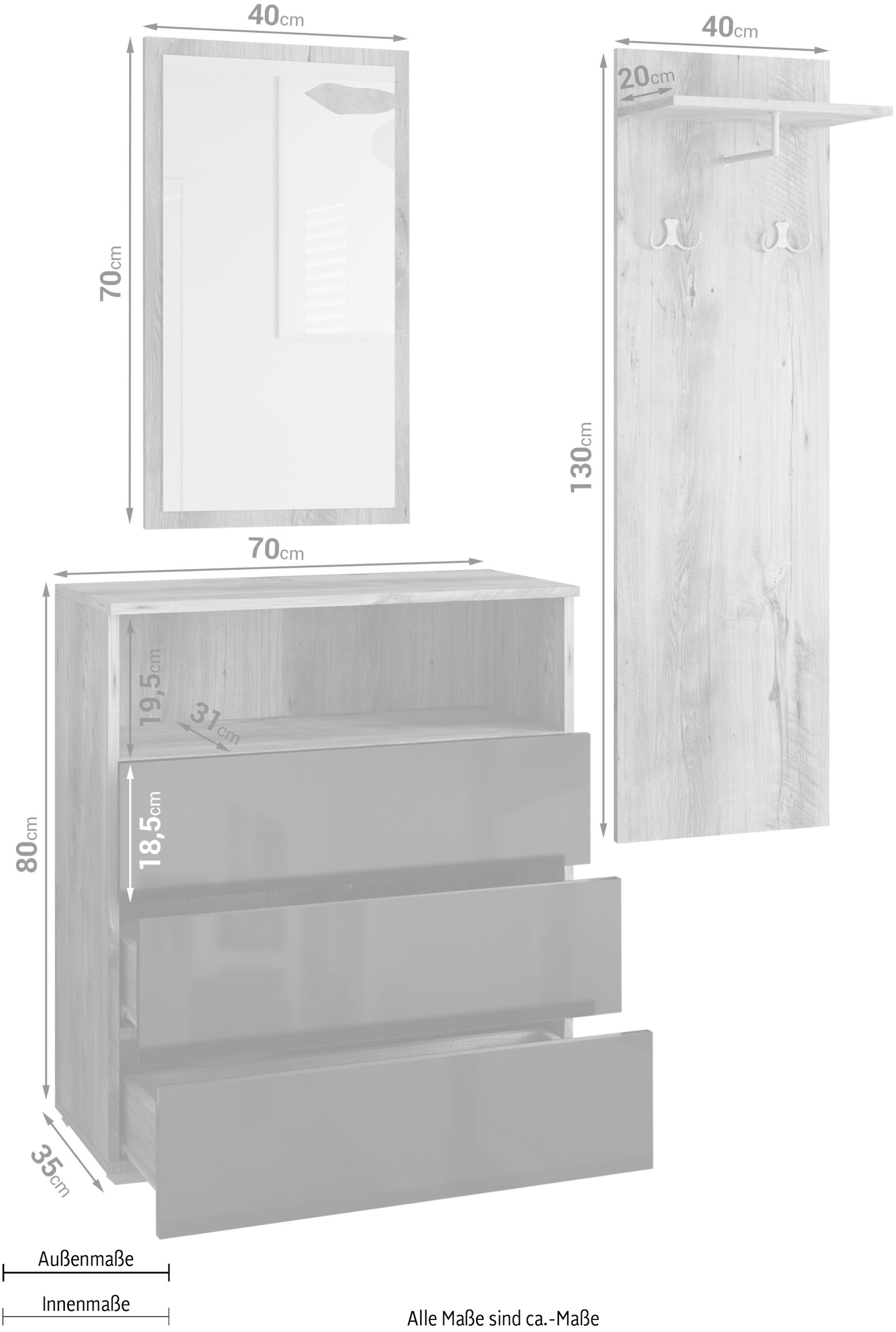 INOSIGN Garderoben-Set »PARIS/ TOKYO«, (Komplett-Set, 3 St.), Garderoben- Set Breite 140cm, hochkant oder quer montierbar Spiegel