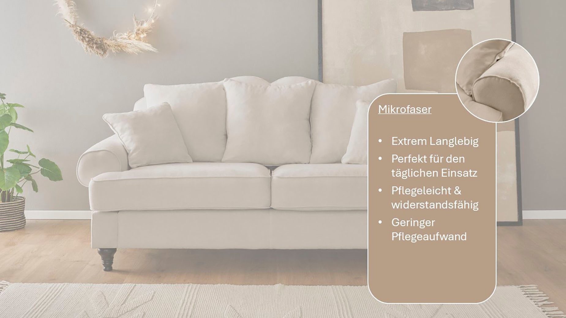 OTTO home 3-Sitzer »Westminster, Sofa im Landhausstil, Couch mit Zierkissen« Federkern-Polsterung, gedrechselter Fuß, hochwertiger Microfaserbezug