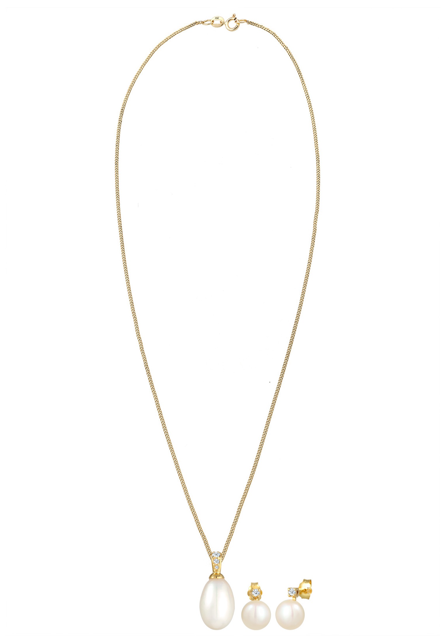 Elli DIAMONDS Ohrring und Ketten Set »Schmuckset Set mit Perlen Diamant Weiß Brillantschliff (0.11ct) 585 Gelbgold«