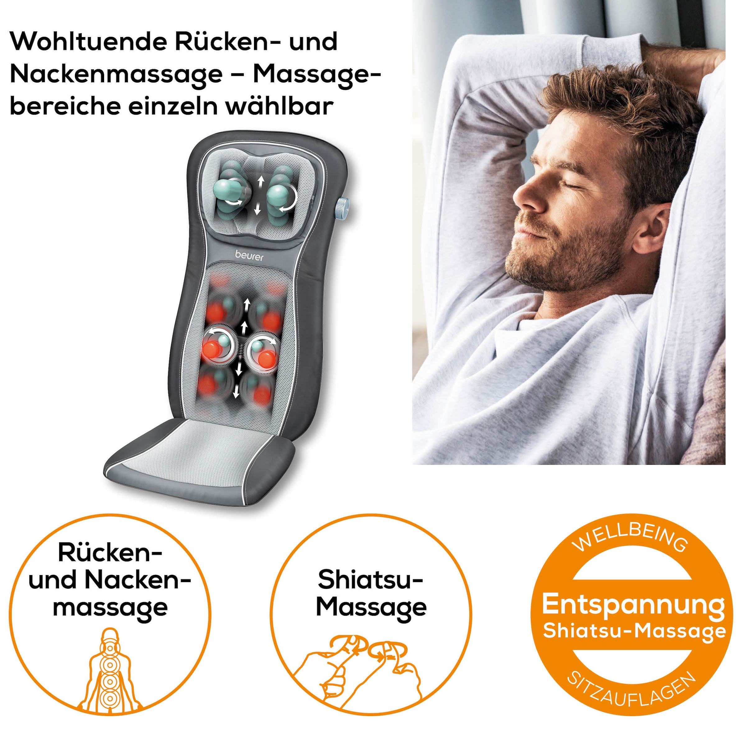 BEURER Shiatsu-Massagesitzauflage »MG 260 für wohltuende Massagen von Nacken und Rücken«, Mit Licht- und Wärmefunktion, 3 Massageprogramme, mit Timerfunktion