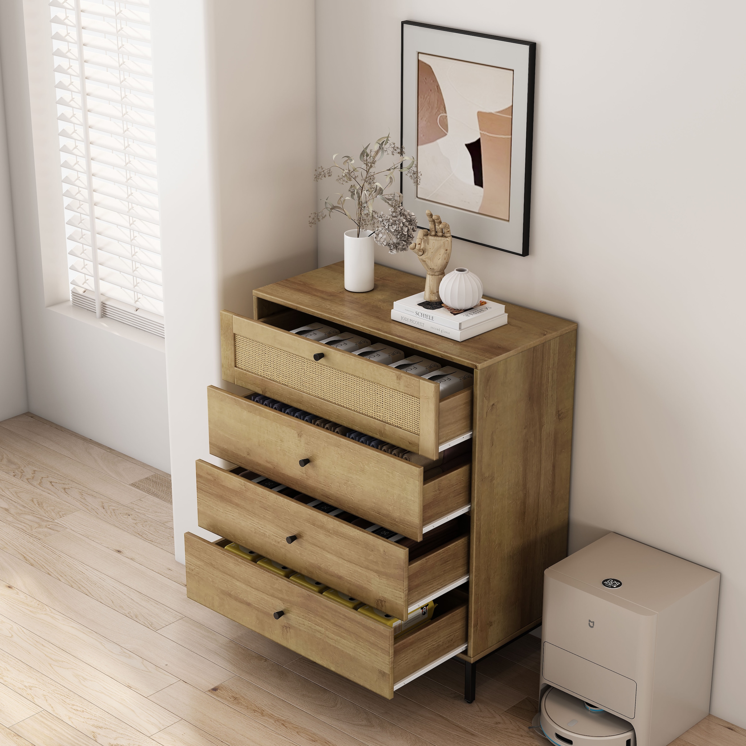 OTTO home Kombikommode »Motala Sideboard Wäscheschrank im BOHO Design Bestseller Kommode« Eichen-Design mit Geflecht Schublade und schwarzen Griffen, 