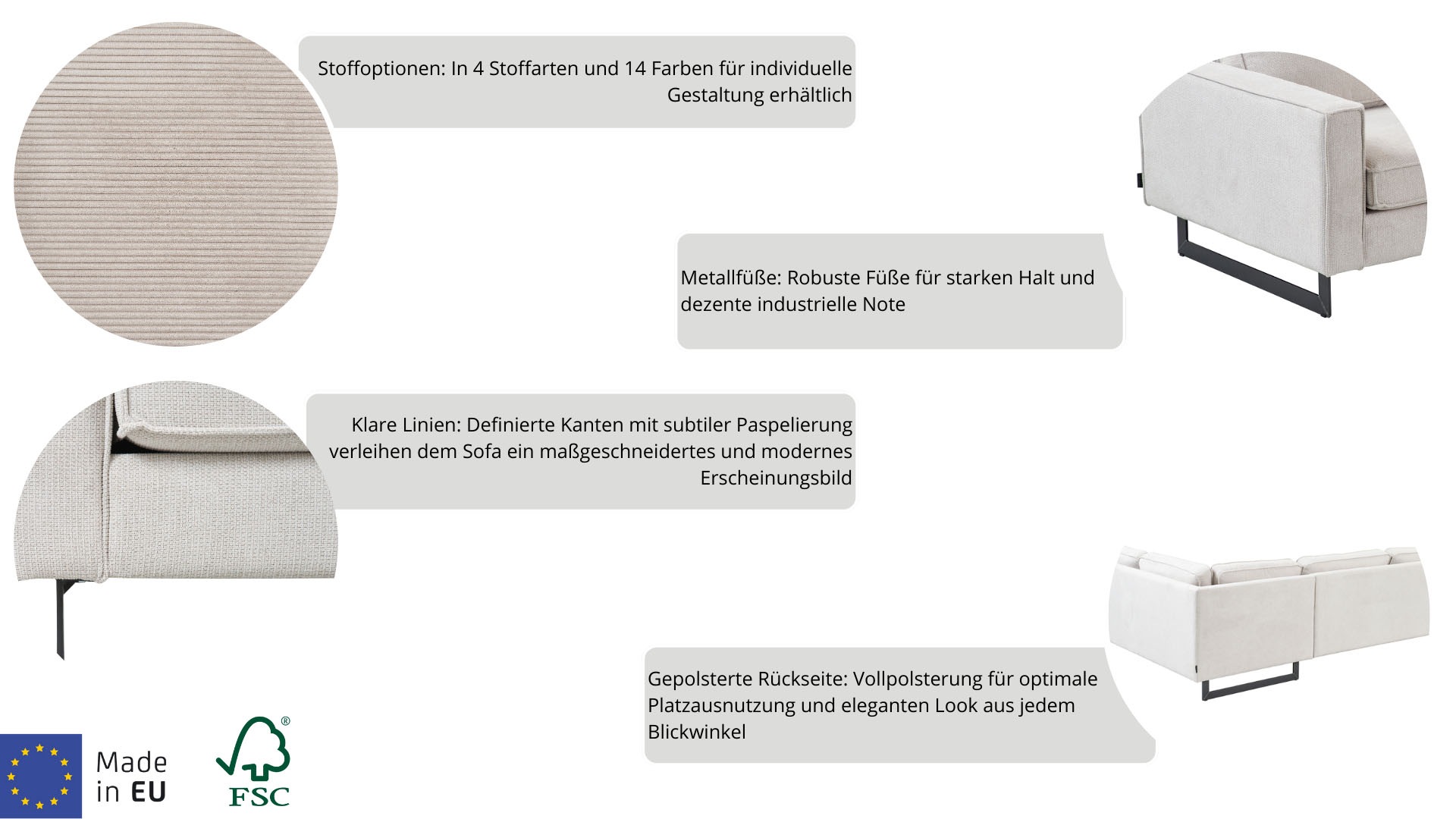 Home affaire Ecksofa »Pinto, 290 cm, Cord, Chenille, Lederoptik, Ottomane links / rechts« mit Keder, schwarze Metallfüße, Wellenunterfederung