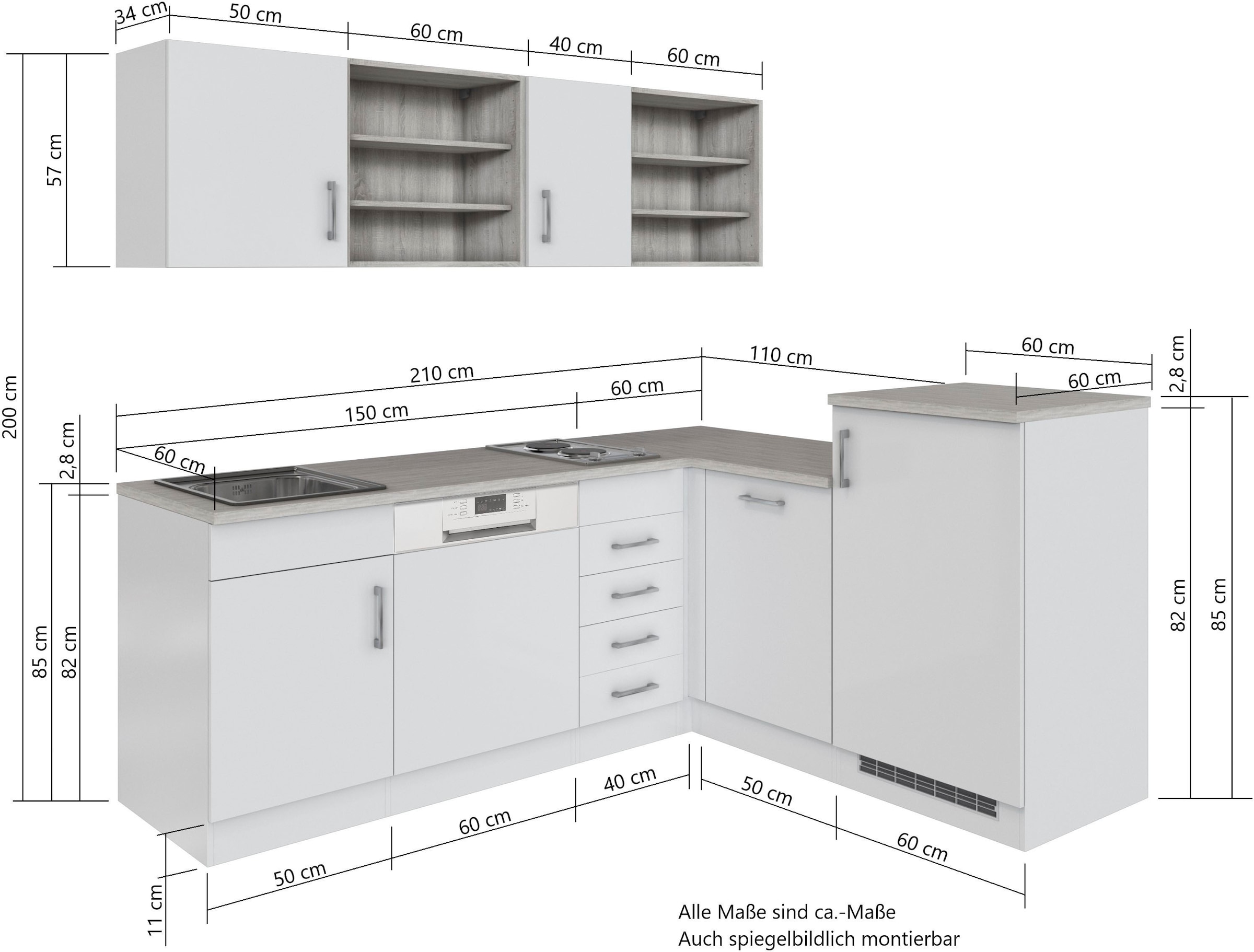 KOCHSTATION Küche »KS-Mali«, Stellbreite 210/170 cm, mit E-Geräten