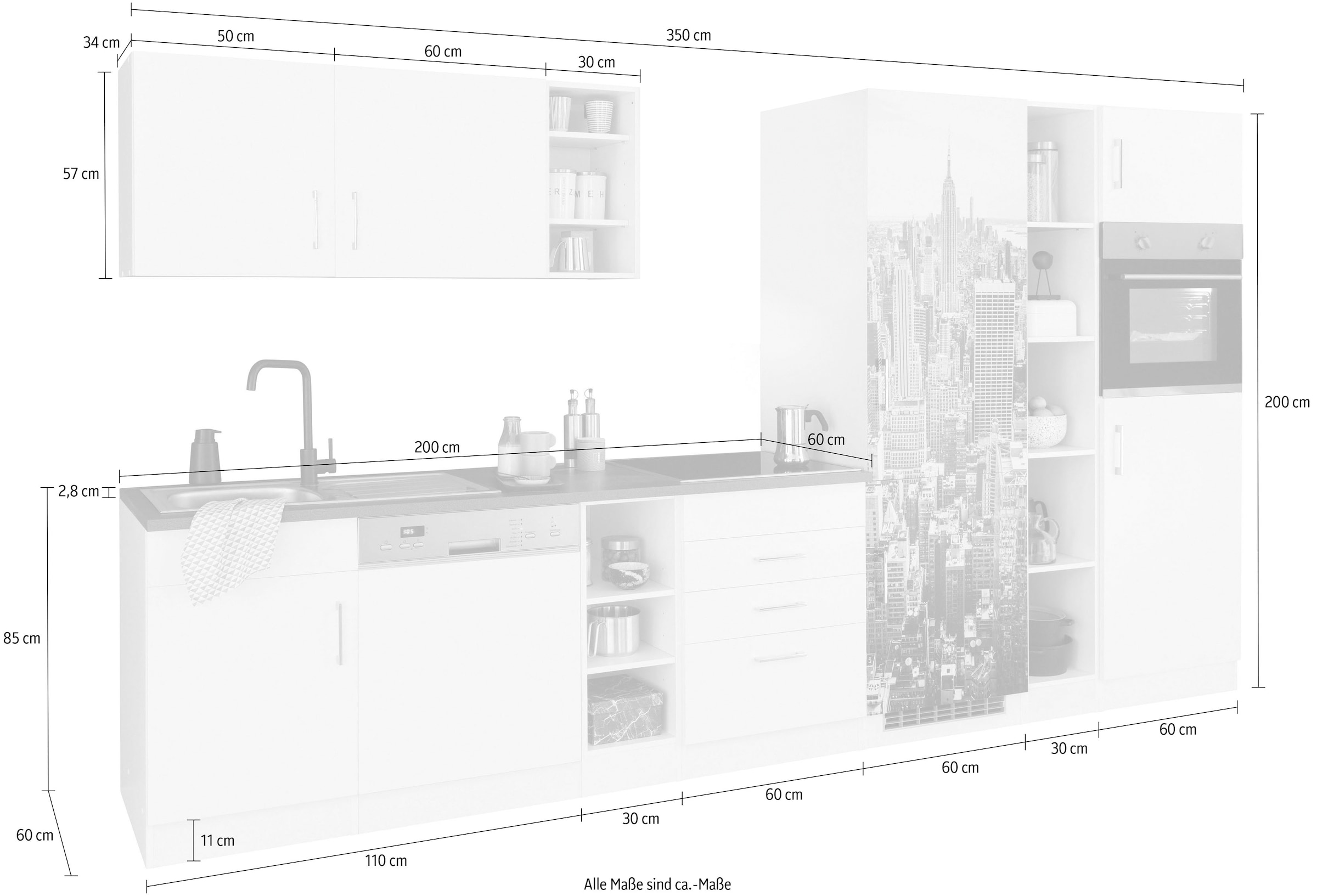 KOCHSTATION Küchenzeile »KS-Paris – Küchen mit einzigartigen Fotomotiven auf den Fronten« Breite 350 cm, wahlweise mit E-Geräten und Induktion