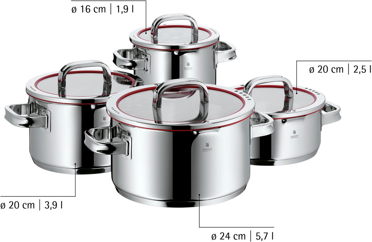 WMF Topf-Set »Function 4 Induktion, Glasdeckel mit 4 Abgießfunktionen« Set, 8 Stk. tlg. Cromargan® Edelstahl Rostfrei 18/10