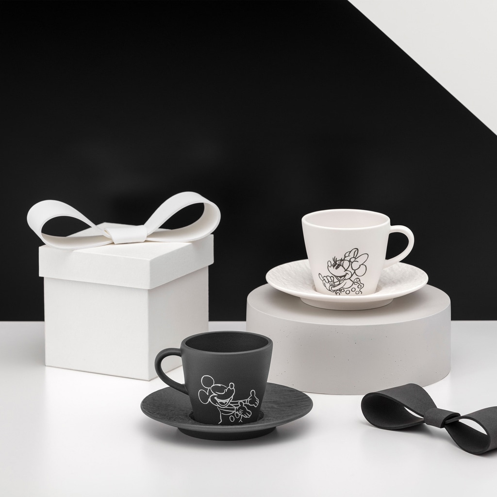 Villeroy & Boch Espressotasse »Espressotassen mit Untertassen Manufacture Rock - Mickey Mouse 60 ml 2er Set schwarz-weiß« Spülmaschinenfest, Mikrowellensicher