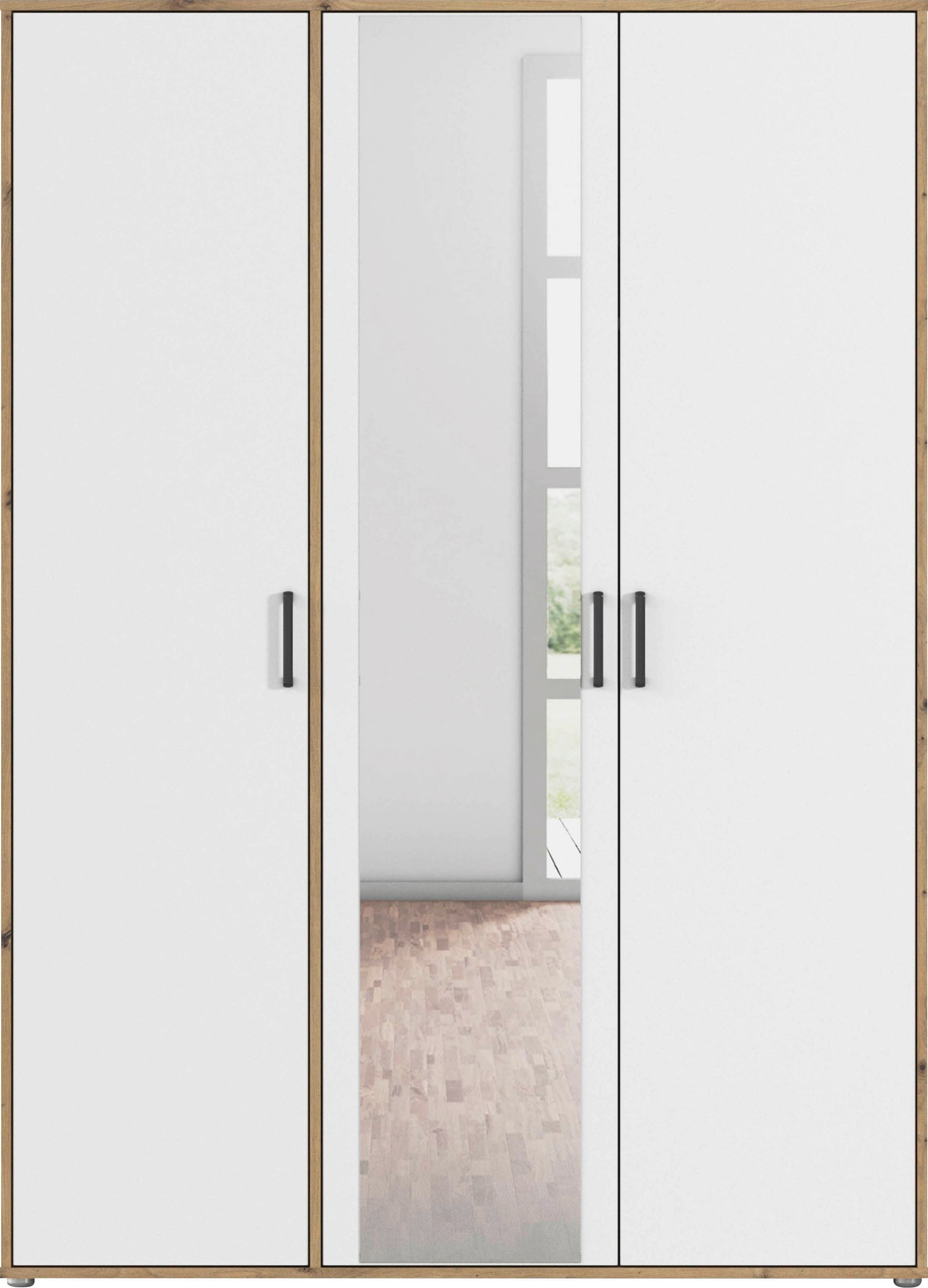 rauch Drehtürenschrank »Kleiderschrank Schrank Garderobe Wäscheschrank VOYAGER«, (in 3 verschiedenen Ausstattungen BASIC/CLASSIC/PREMIUM), mit modernen Griffen in Graumetallic und Spiegel