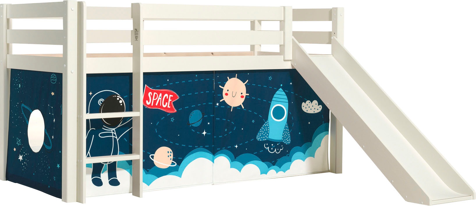 Vipack Spielbett »Pino, Kiefer massiv, mit Rolllattenrost u. Textil-Set, Made in Europe« B/H/T ca. 210x114x218cm, mit Absturzschutz, Leiter und Rutsche,  verschiedene Textil-Designs und Holzfarben zur Wahl