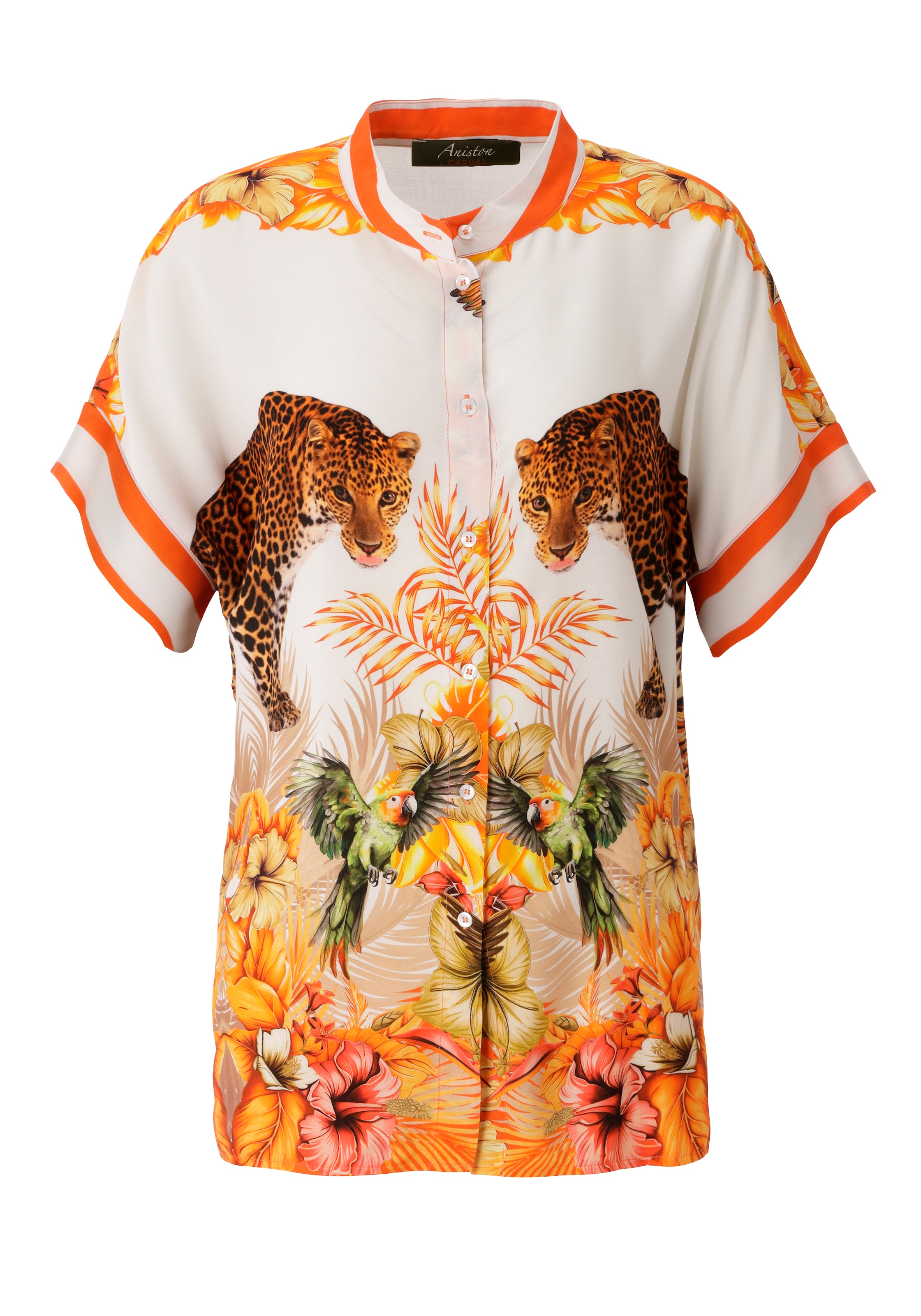 Aniston CASUAL Kurzarmbluse mit Leoparden, tropischen Vögeln, Blüten + Blättern - NEUE KOLLEKTION