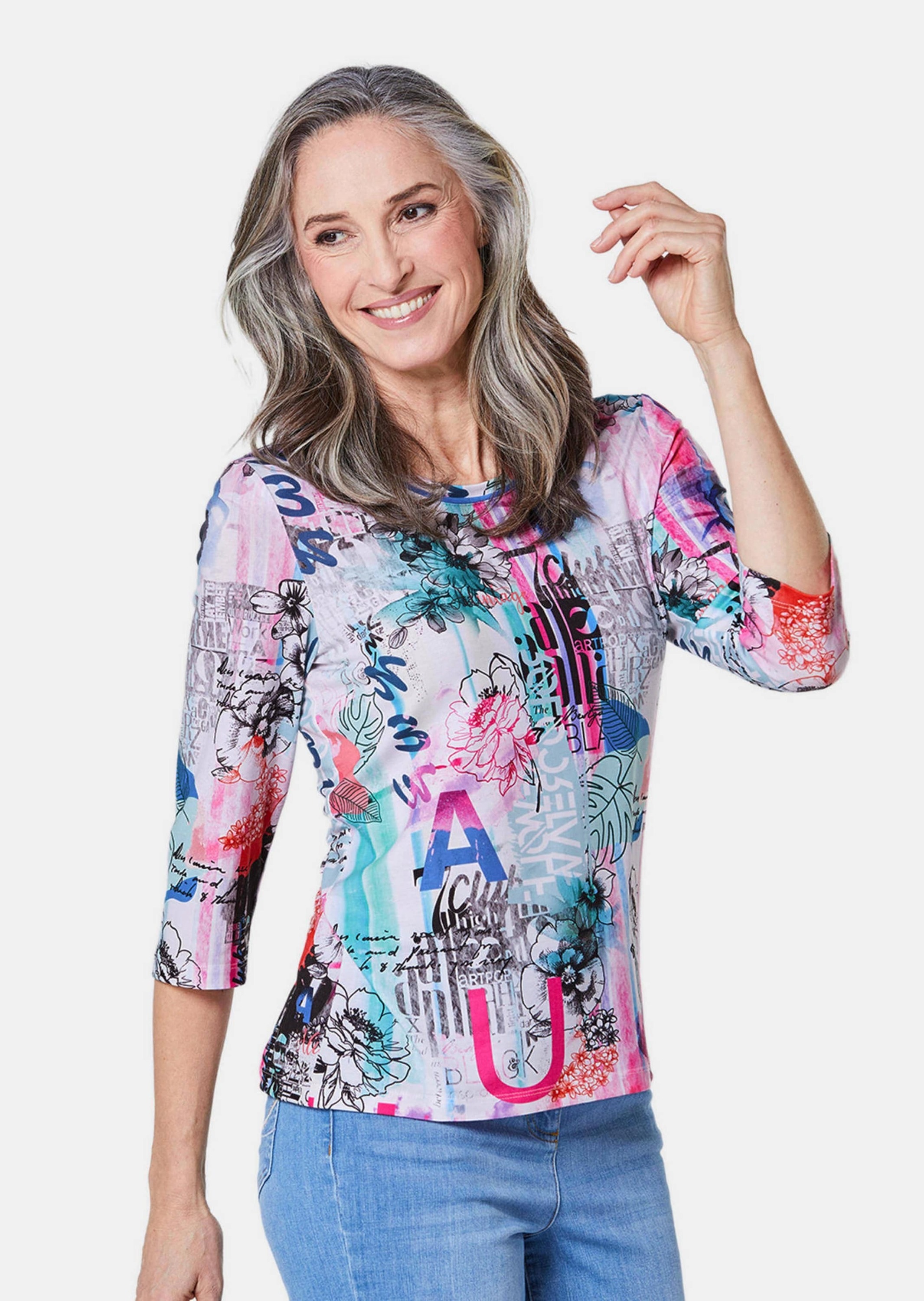 GOLDNER Print-Shirt »Kurzgröße Druckshirt mit Allover-Muster« Kontrastpaspel am Ausschnitt