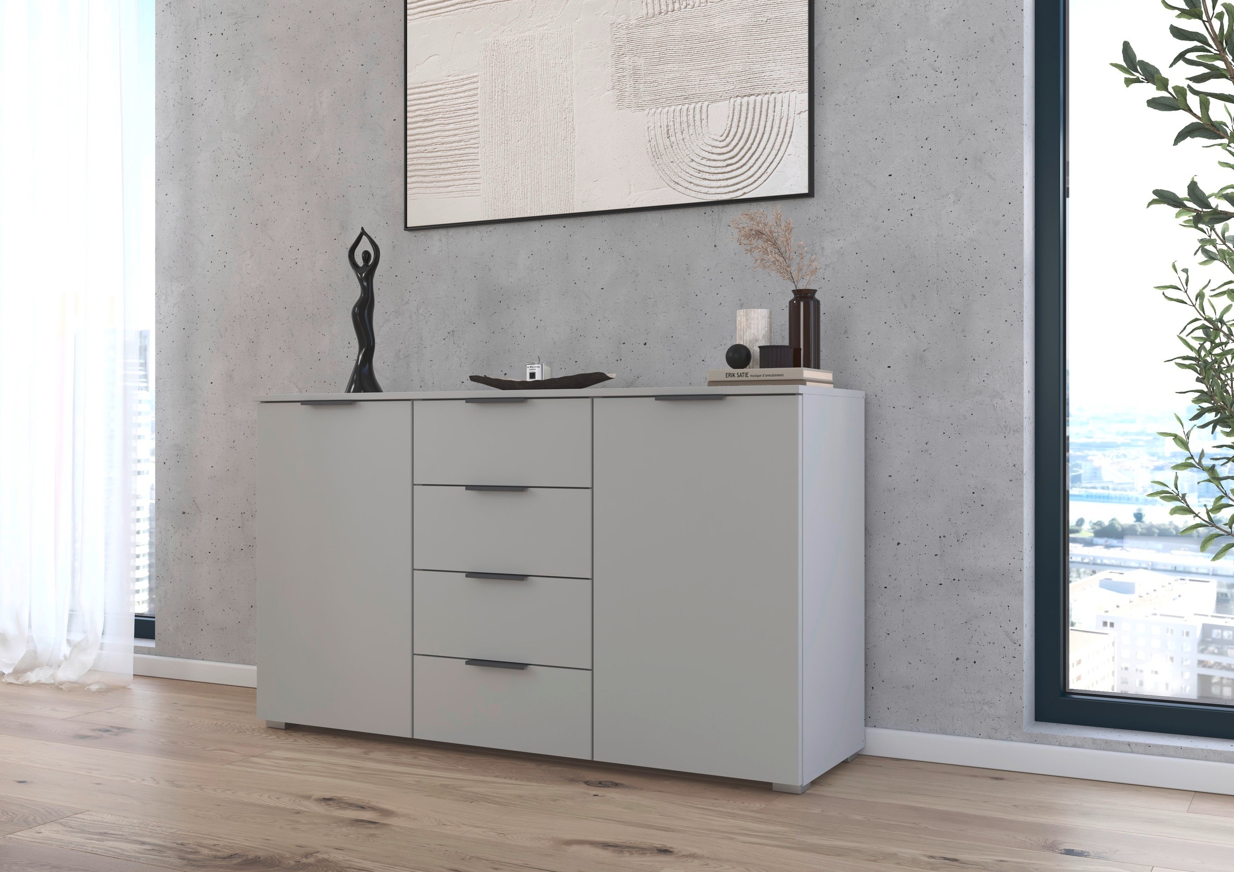 rauch Kombikommode »Sideboard Schubladenkommode AGORDO mit Dekor- oder Hochglanzfront«, (in zwei Griff-Farben), mit 4 Schubkästen und 2 Türen sowie Metallgriffen MADE IN GERMANY