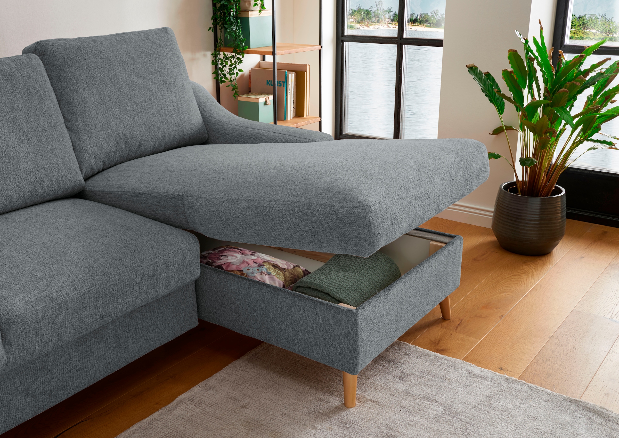 Home affaire Ecksofa »Valentina L-Form« 2 Zierkissen, mit Seitentasche, ausziehbarer Liegefläche, Bettkasten