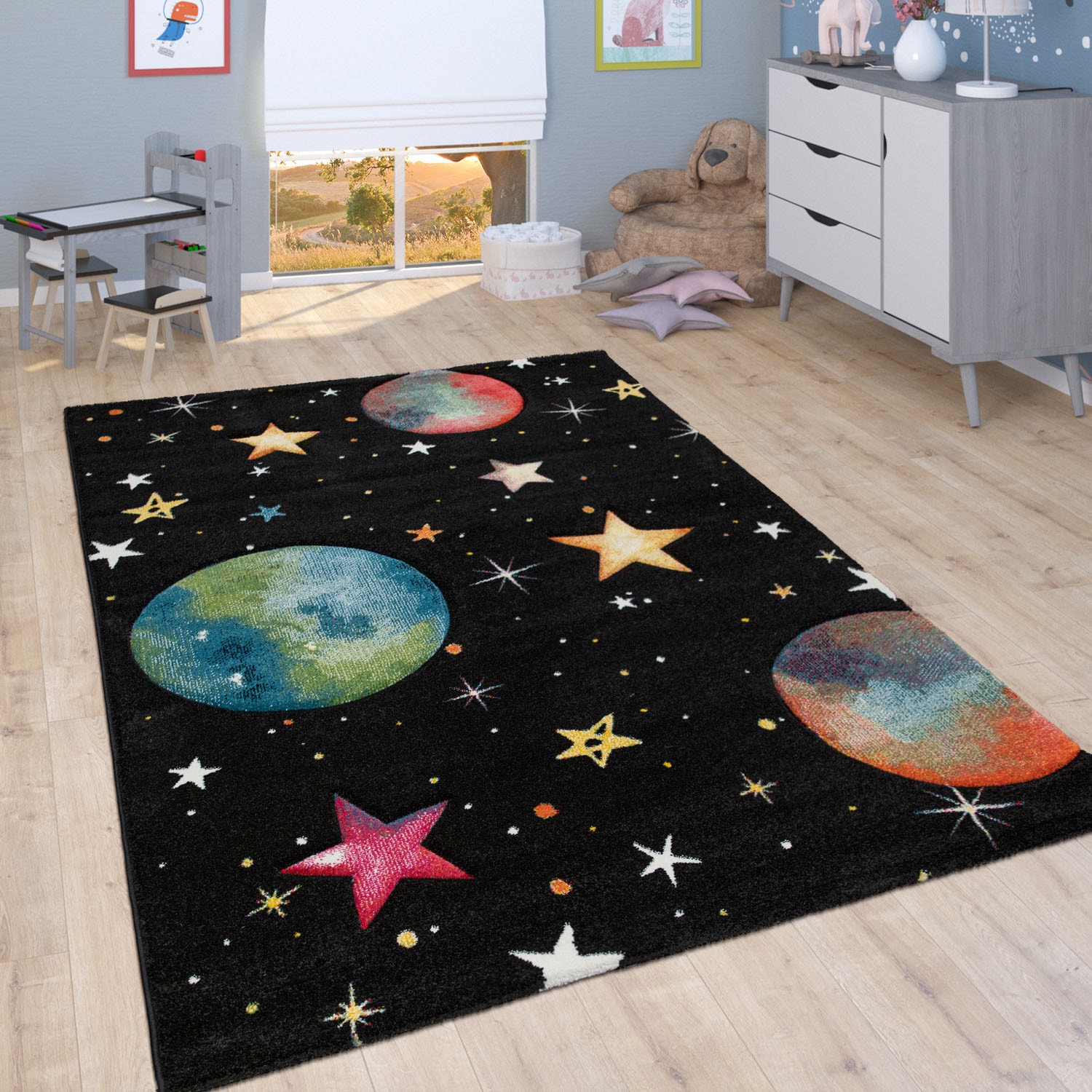 Paco Home Kinderteppich »Diamond 633«, rechteckig, 12 mm Höhe, 3D-Design, Motiv Weltraum, Kinderzimmer
