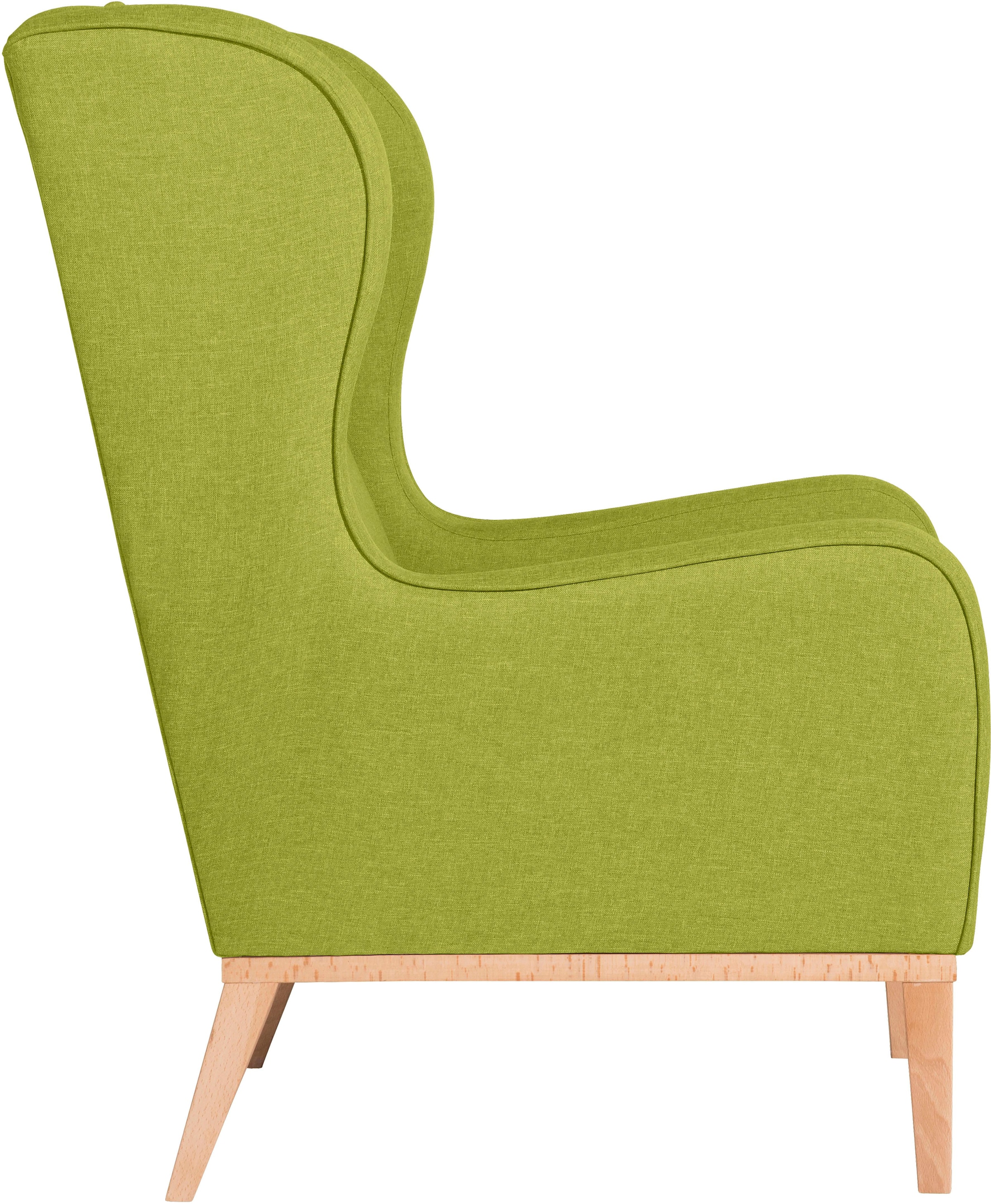 Max Winzer® Ohrensessel »Anthony eleganter Hochlehner, Designsessel, bequem und komfortabel«, mit umlaufendem Holzsockel & Kedernaht, Solitärmöbel mit hohem Holzfuß